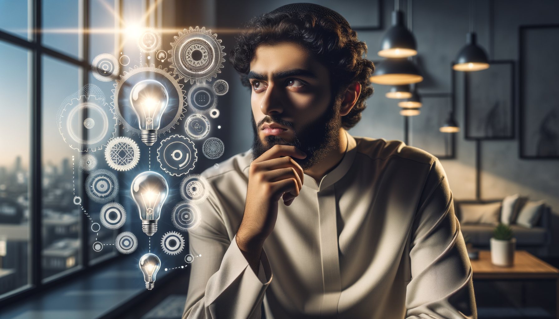 Persona reflexionando con símbolos de creatividad