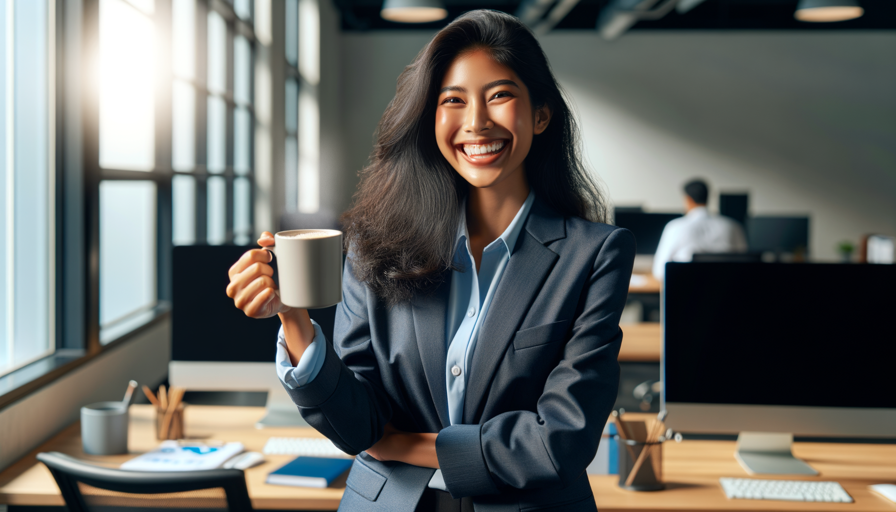Persona en una oficina sonriendo mientras sostiene una taza de café como combustible para el cerebro