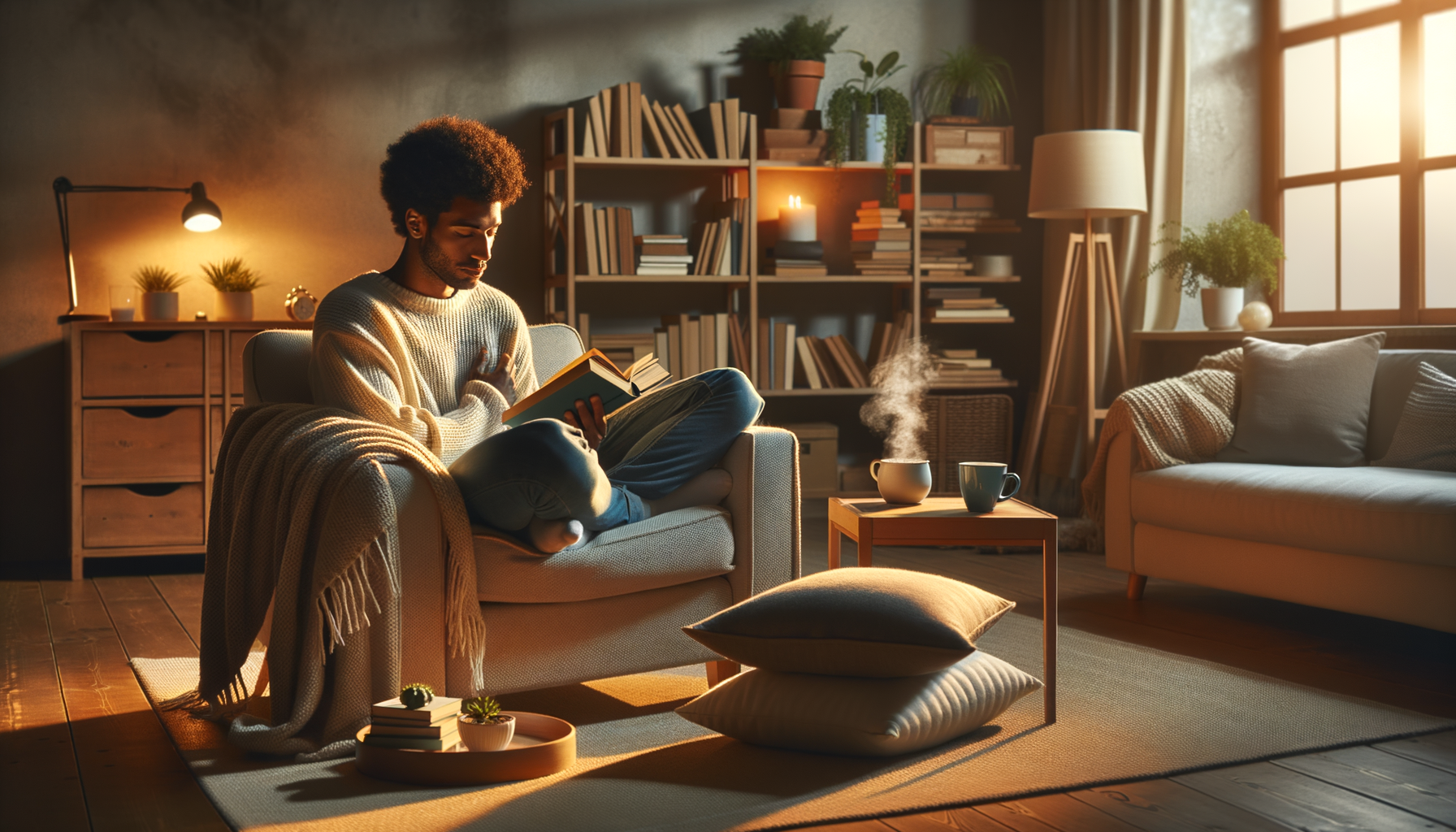 Person enjoying a book at home, relaxed.