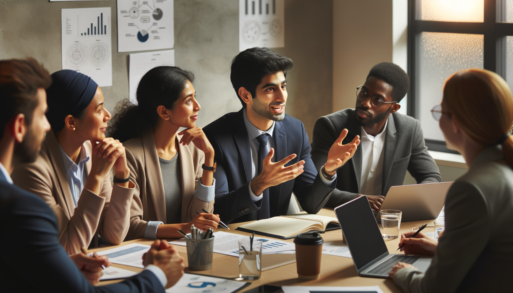 A professional confidently sharing an idea in a meeting