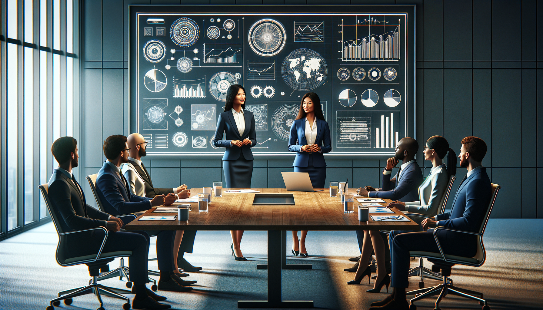 A professional meeting where a candidate introduces new ideas, surprising colleagues