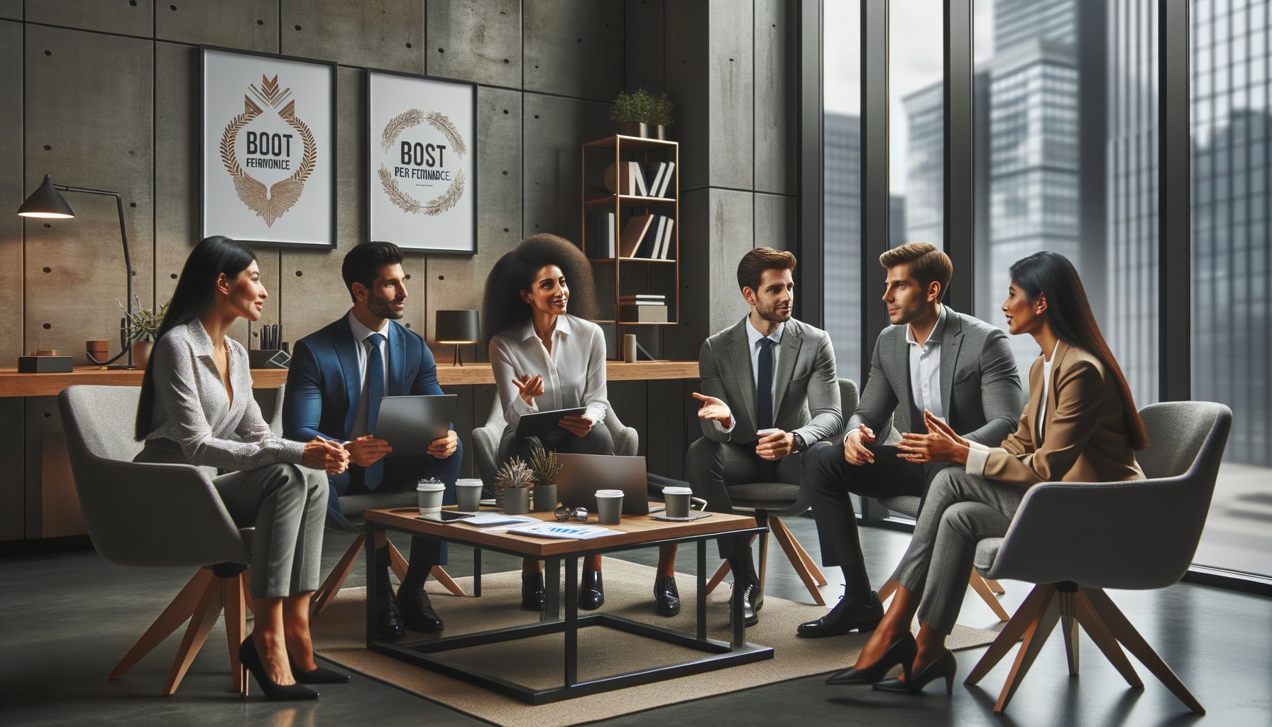A professional team discussing strategies in a modern office
