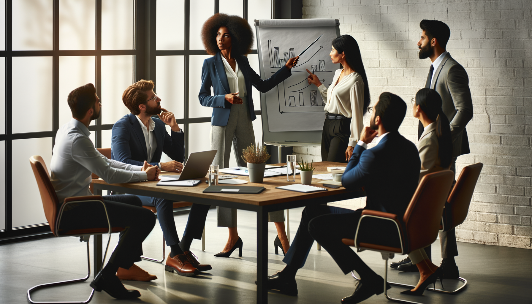 Equipo profesional en una oficina, enfocándose en una idea