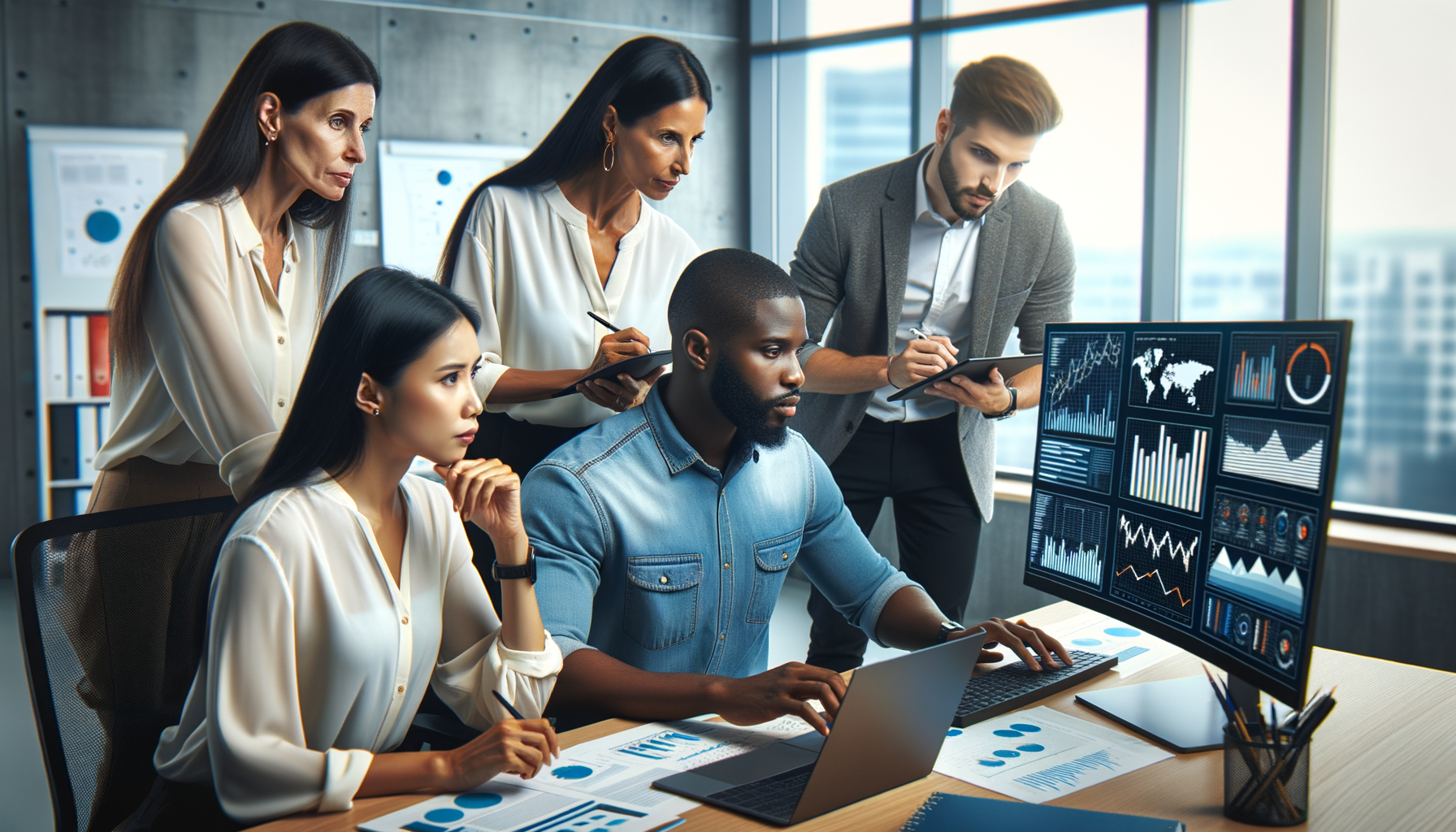 Un equipo profesional trabajando intensamente en una oficina, motivados por su gerente para completar un proyecto con un plazo ajustado