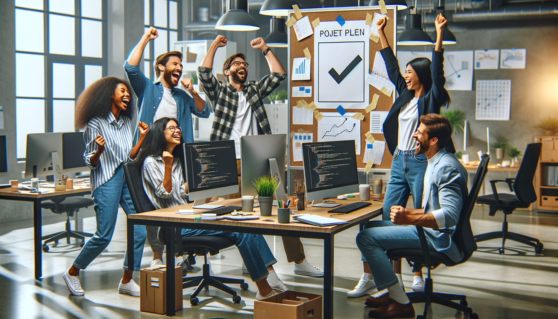 Equipo celebrando después de completar un hito del proyecto