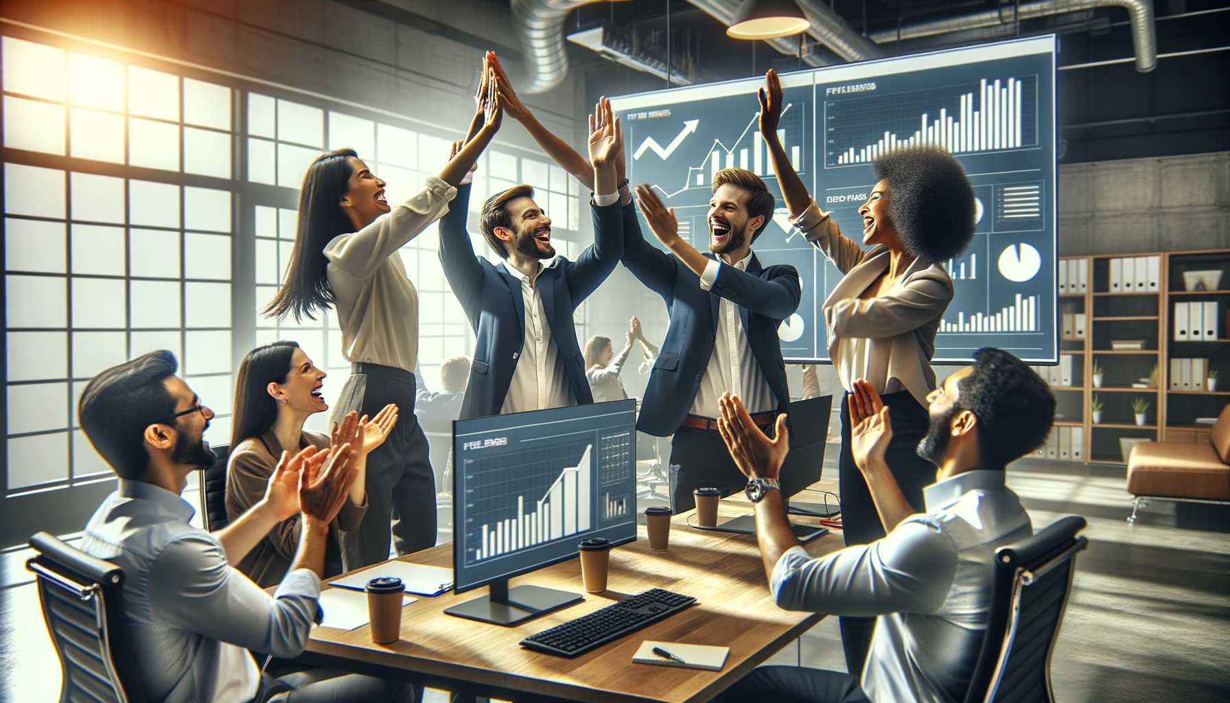 Un equipo celebrando la finalización de un proyecto exitoso, ilustrando 'touch down' en contexto profesional