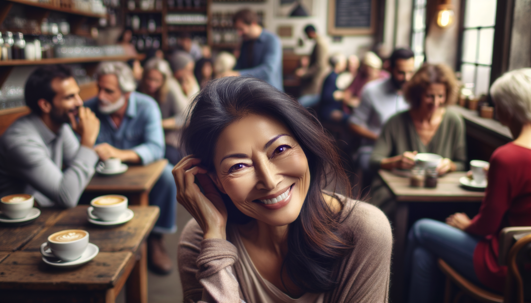 A woman tucking her hair behind her ear in a casual setting
