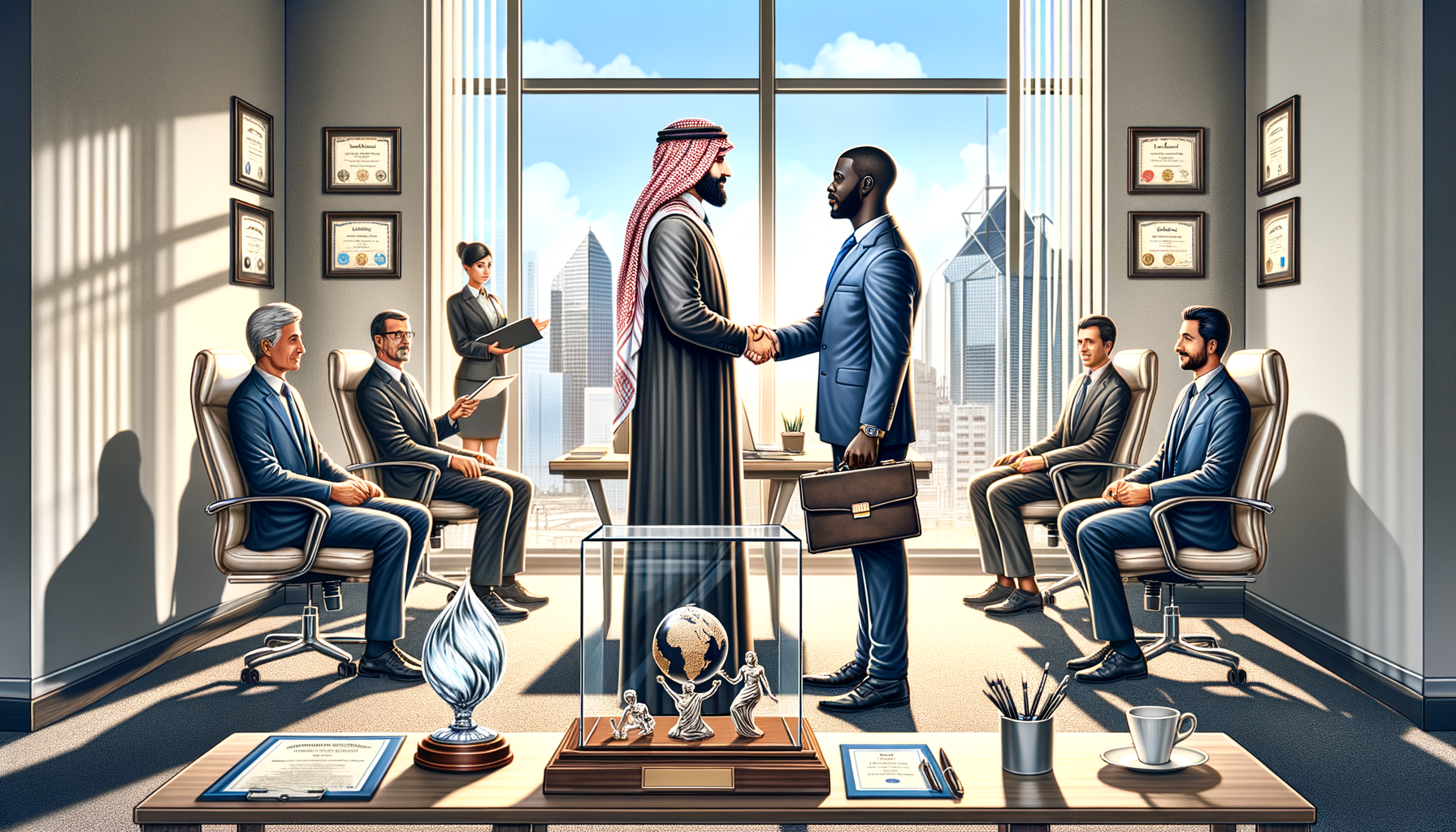 An office scene where a manager is shaking hands with a new manager as a gesture of stepping aside, showing a positive transition of leadership.