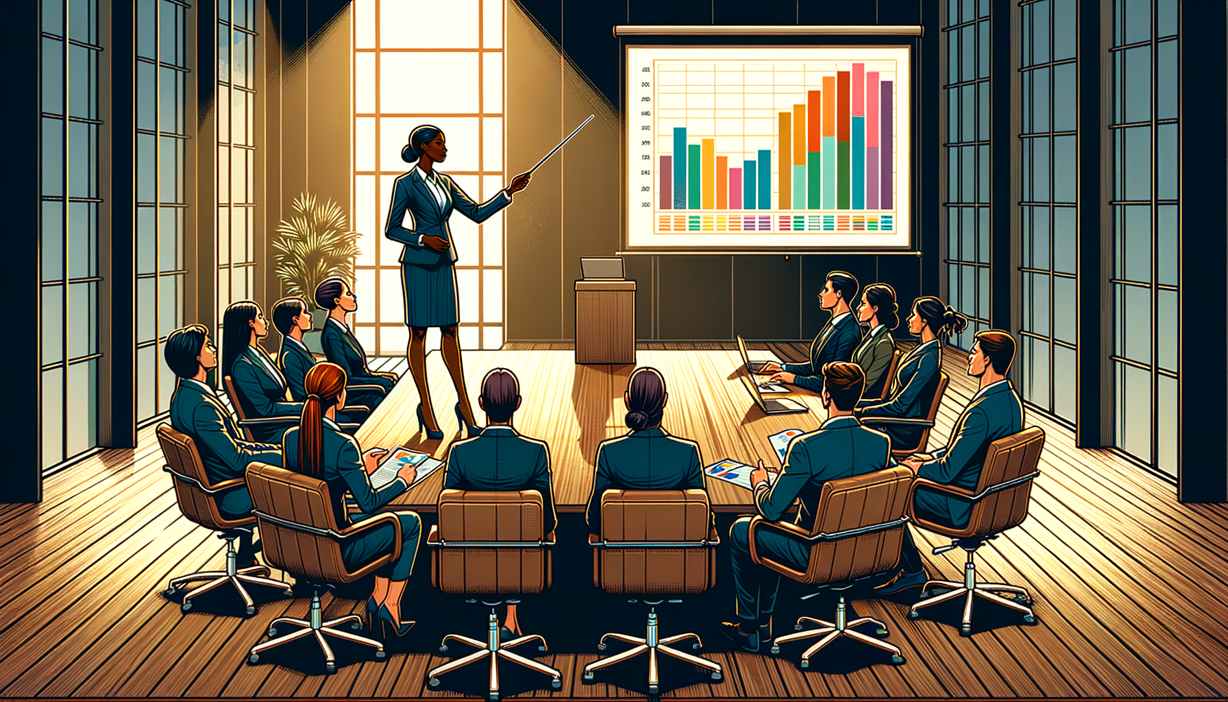 Reunión de negocios donde un jefe realiza una jugada estratégica