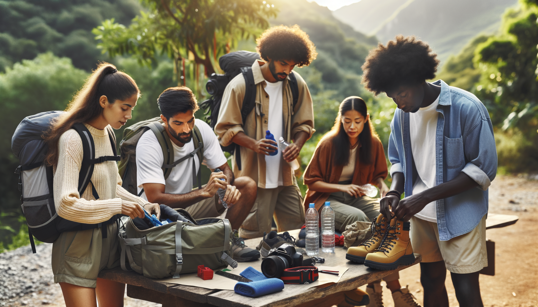 Friends preparing for a hiking trip