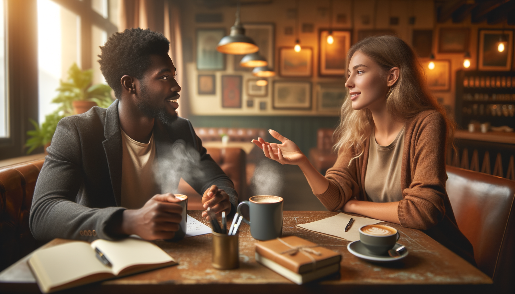 Dos colegas discutiendo futuros planes de trabajo en un café relajado
