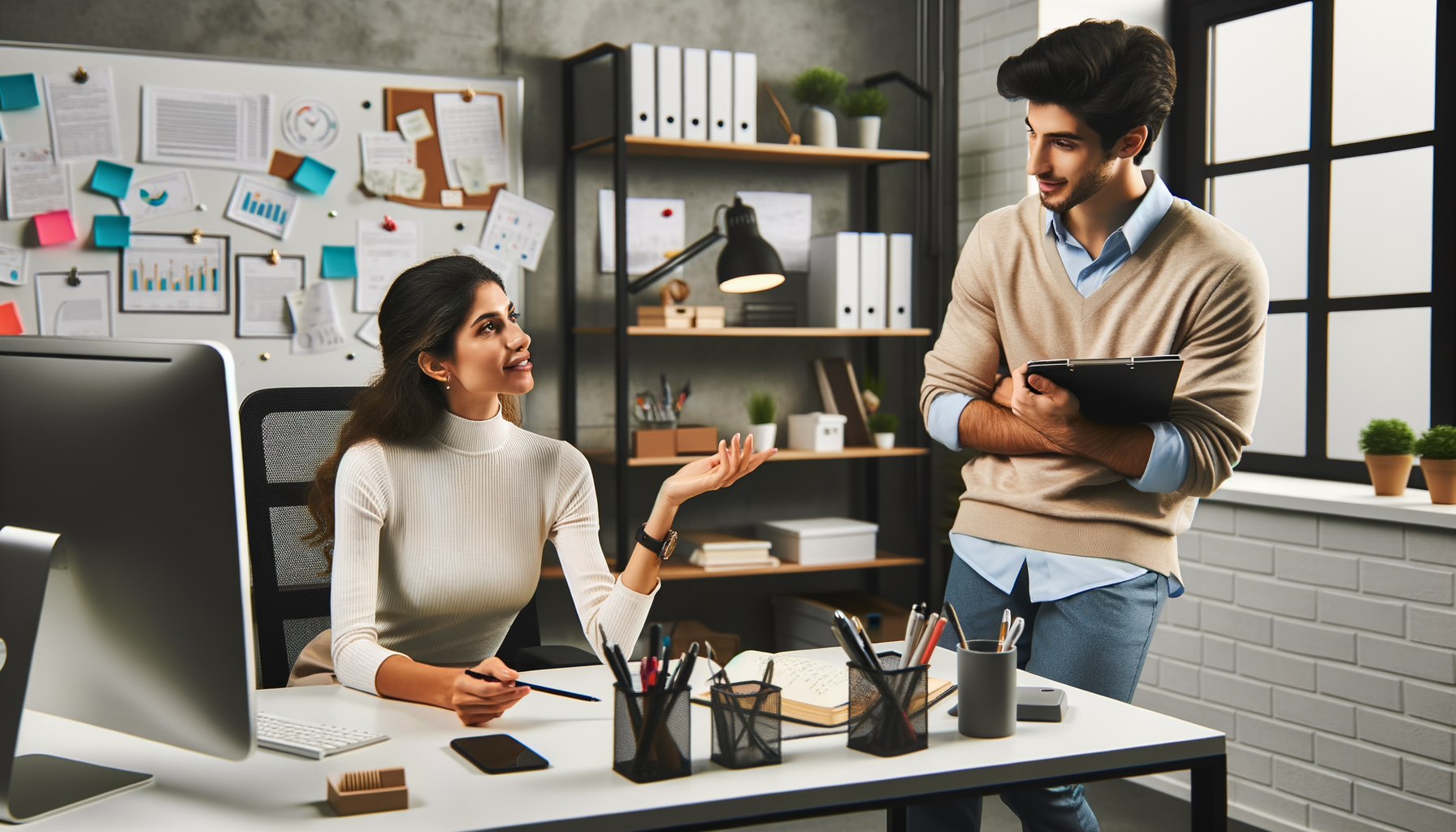 Colleagues circling back to a conversation in an office