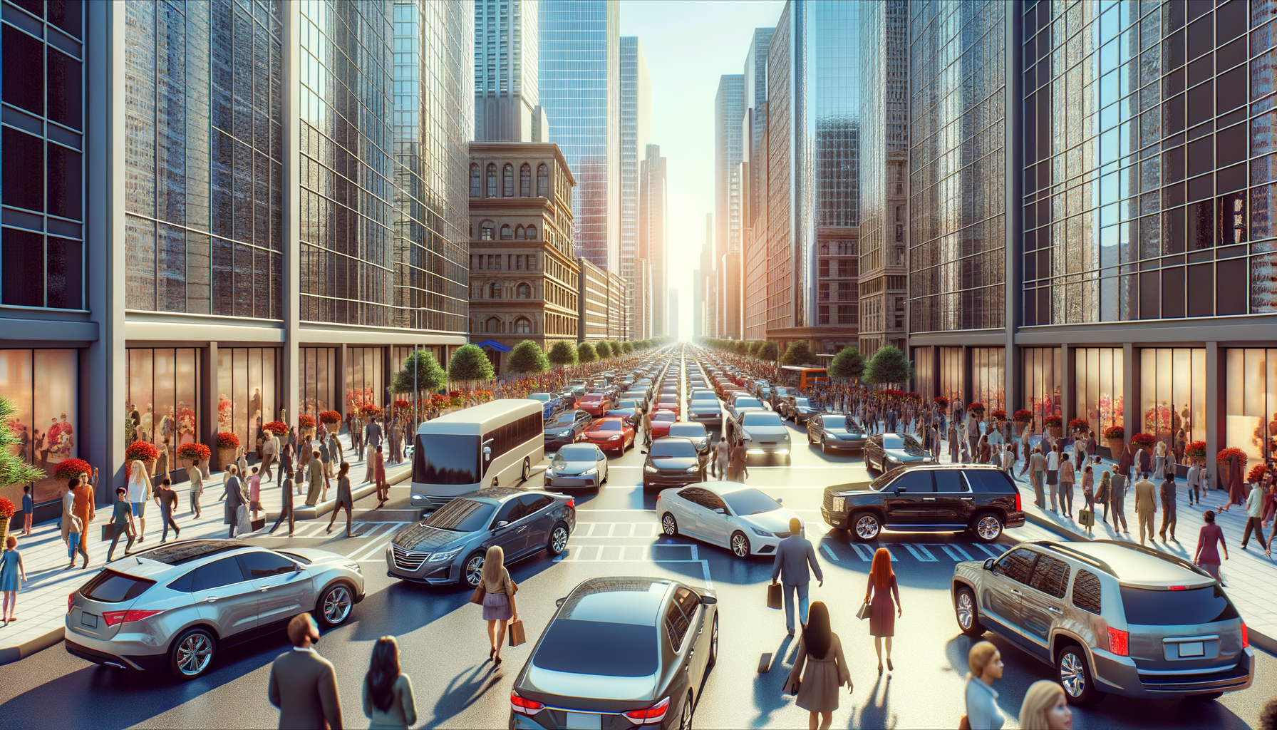 A busy city street with a crowded parking lot