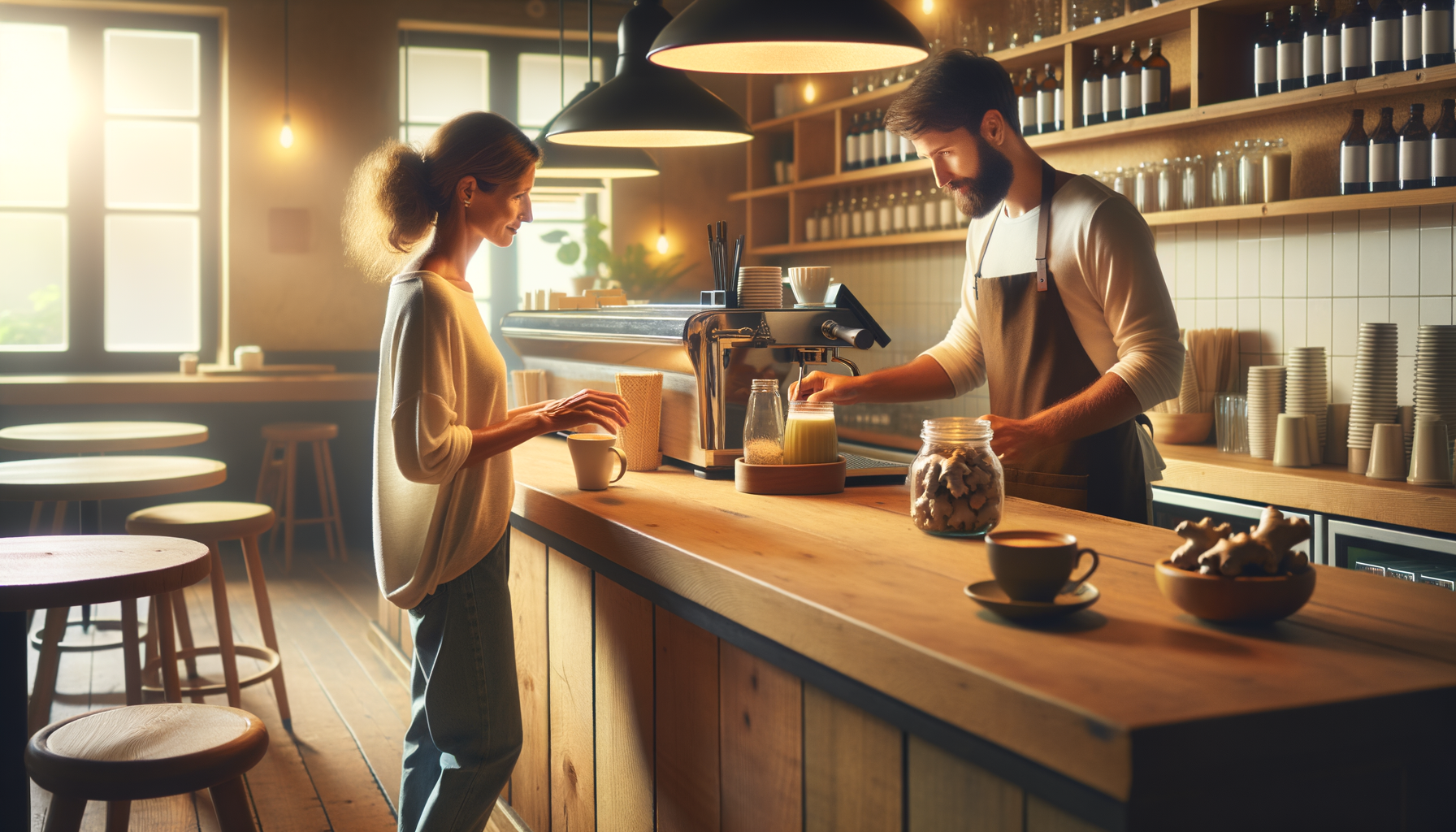 Persona ordenando té de jengibre en una cafetería acogedora