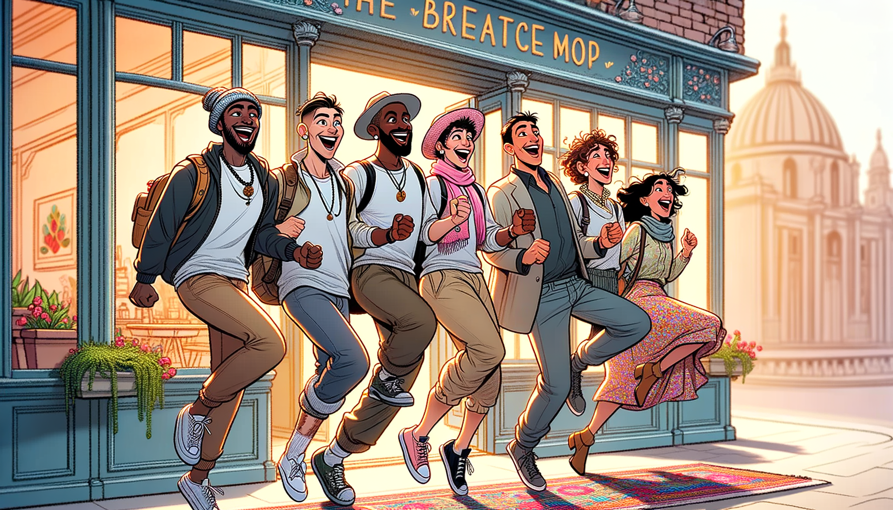 A diverse group of friends visiting a new cafe