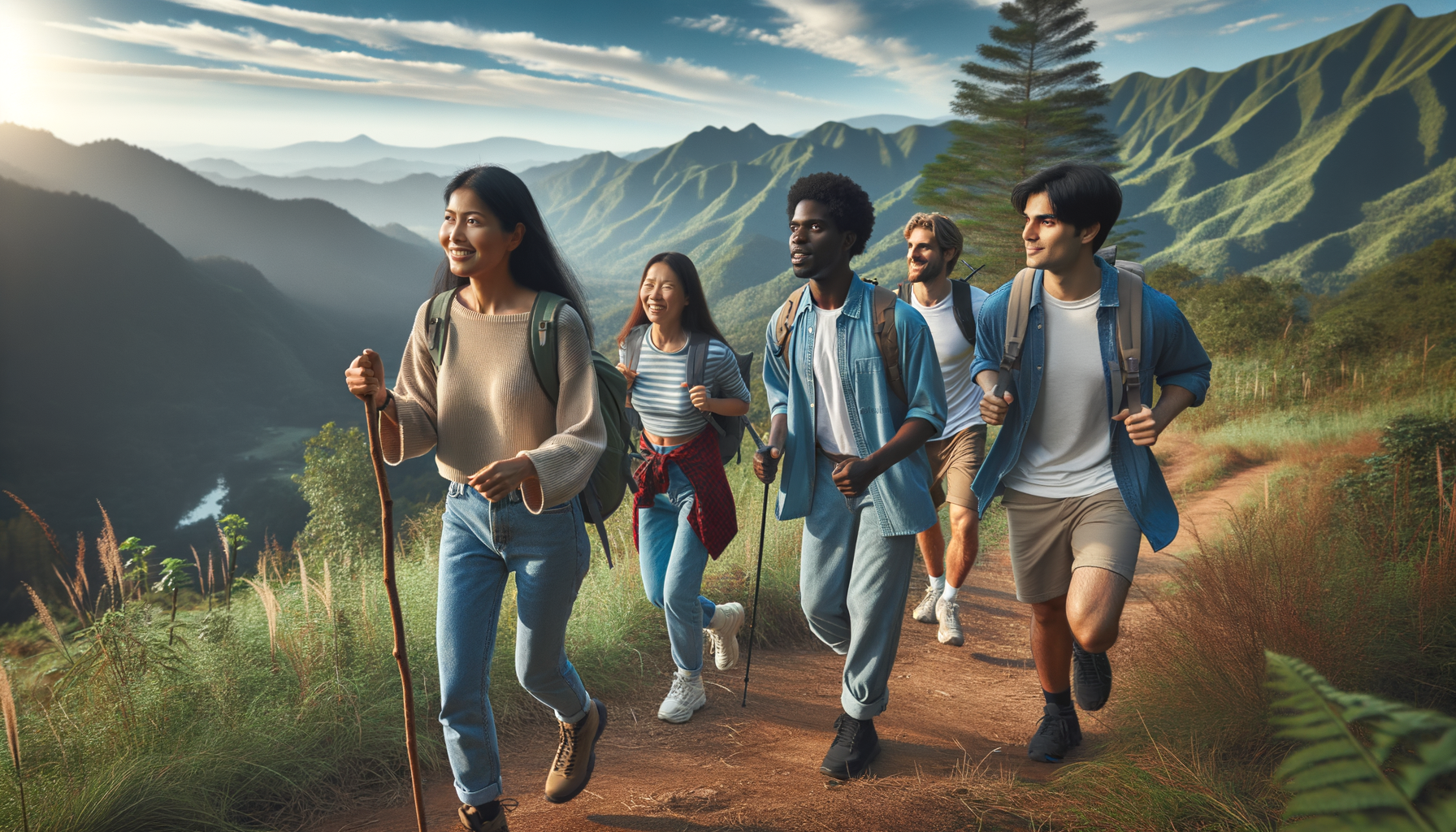 Amigos caminando en la naturaleza con uno de ellos marcando el ritmo