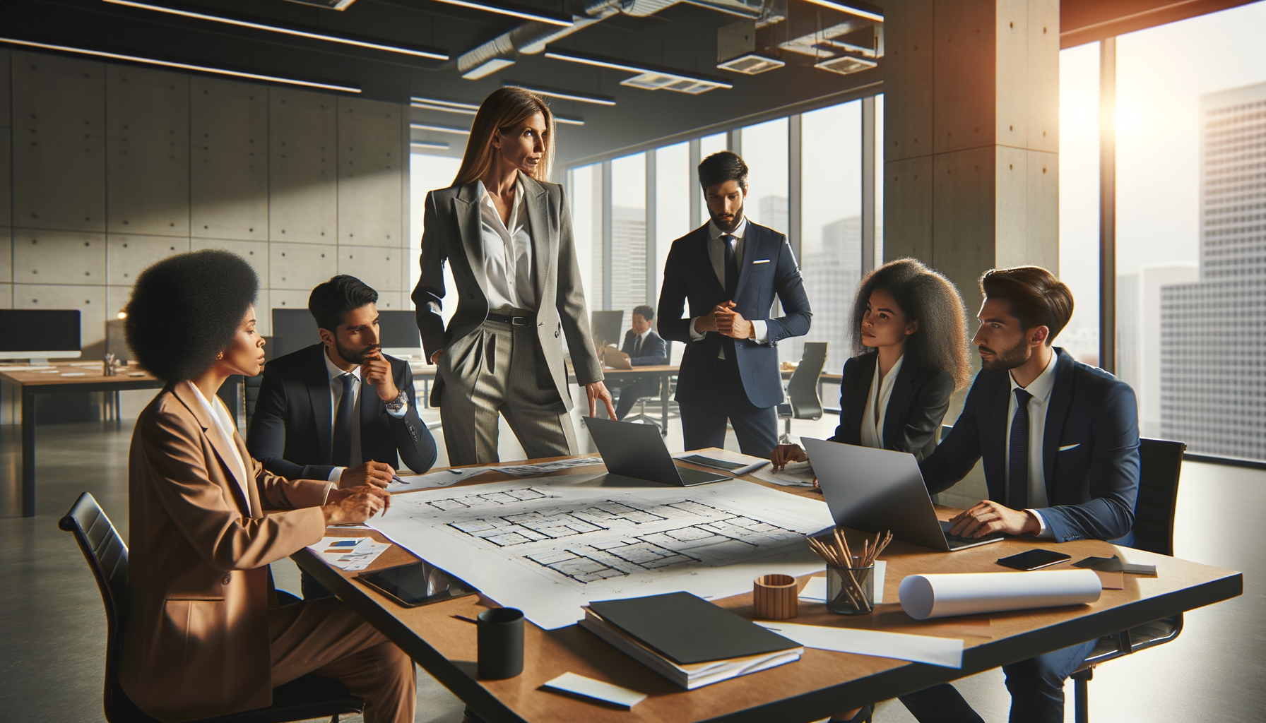 a manager stepping in to help a team with a project at an office setting