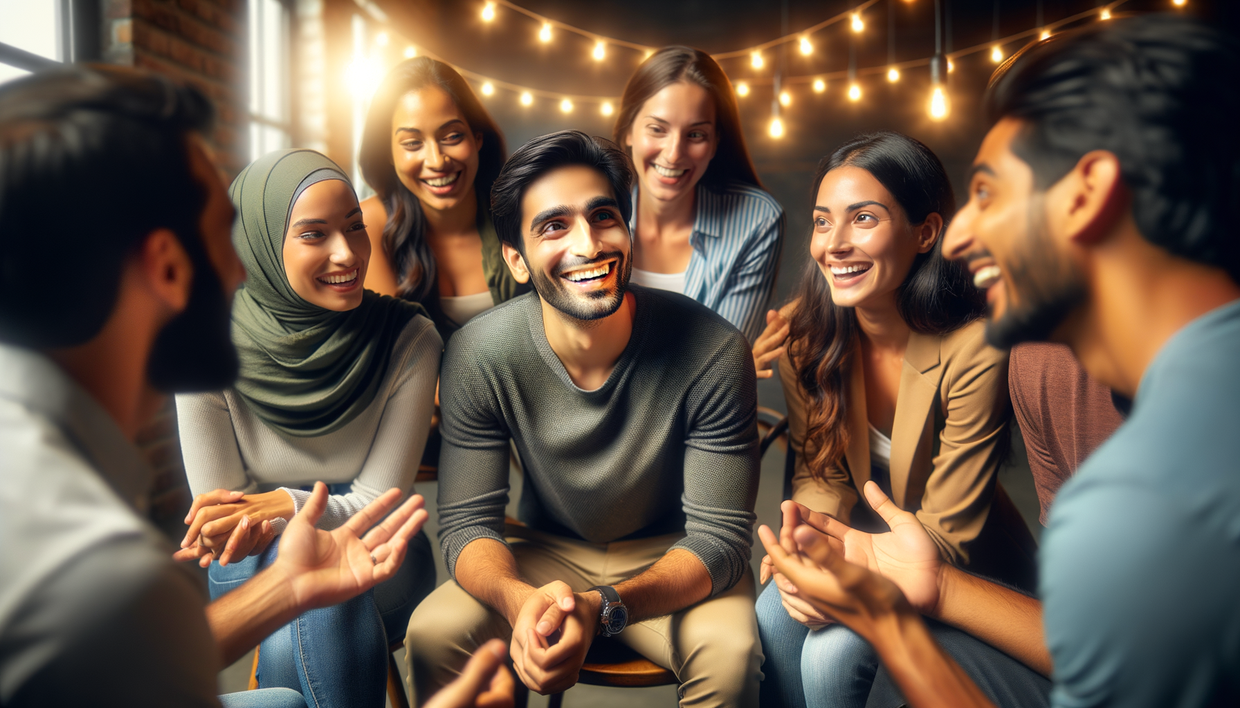 A person at a party, being asked to tell a funny story on the spot, surrounded by friends eagerly waiting