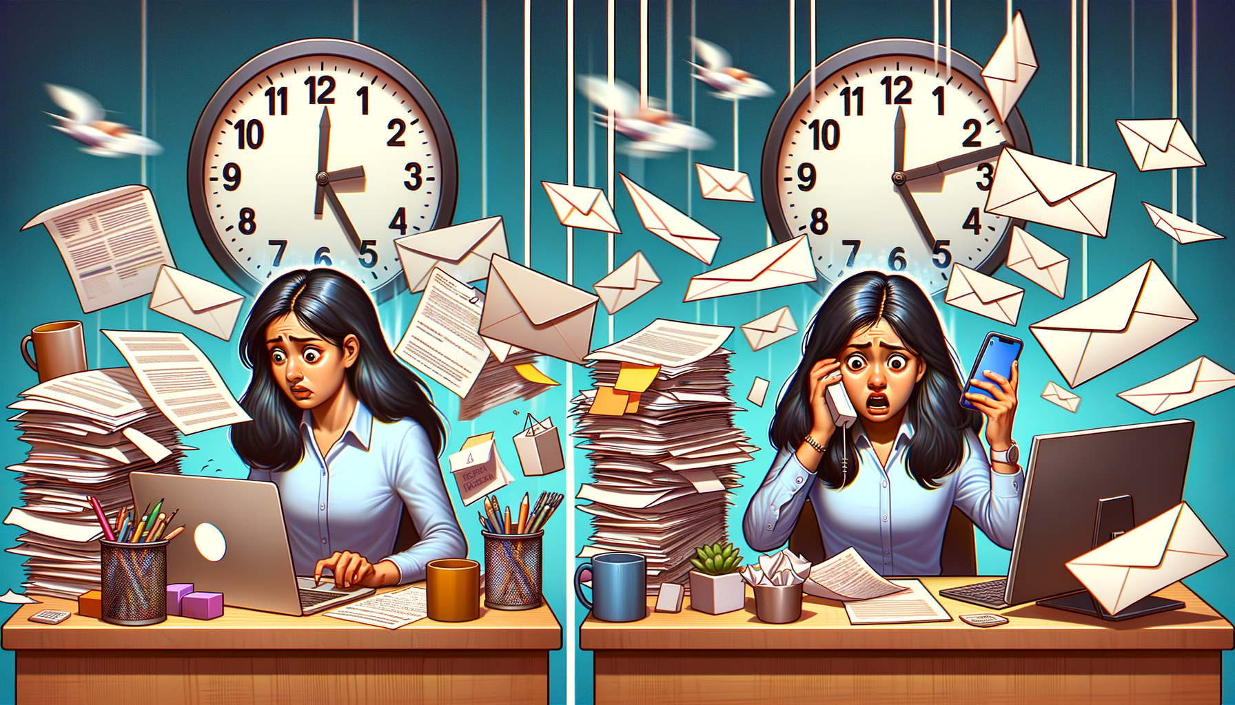 Una persona sobrecargada de tareas y un reloj simbolizando la falta de tiempo