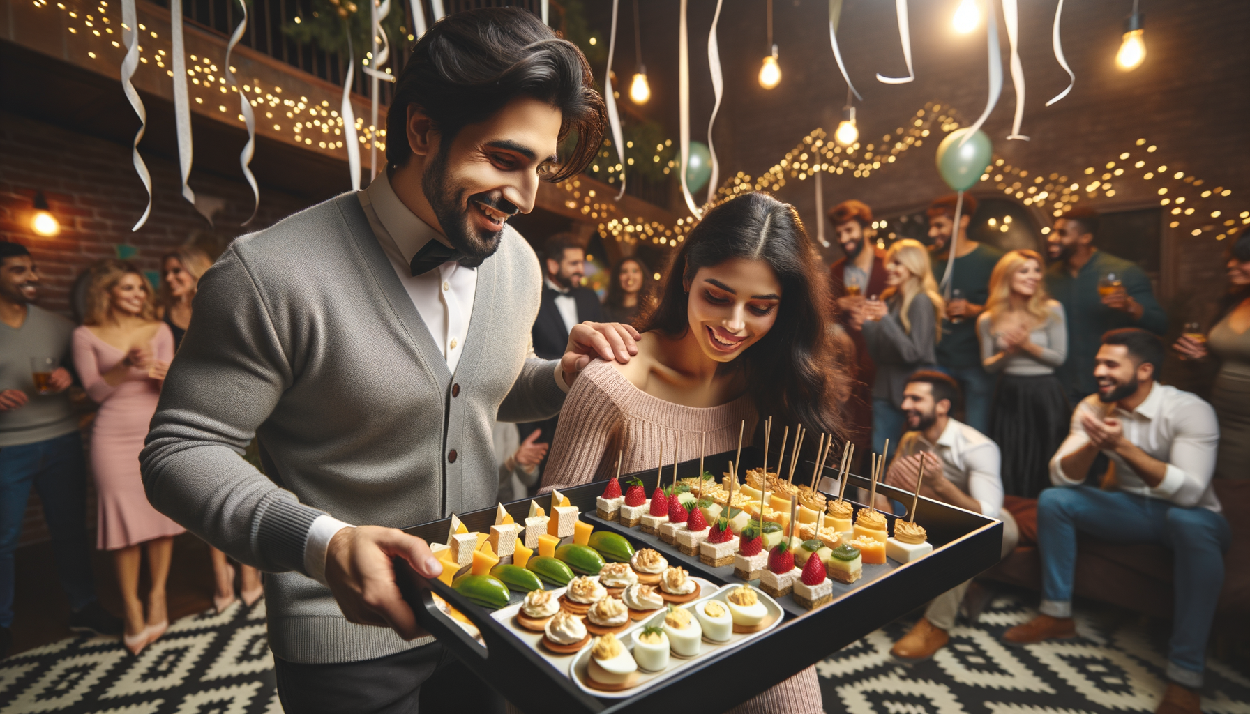 a person stepping in to assist someone carrying a large tray of snacks at a party