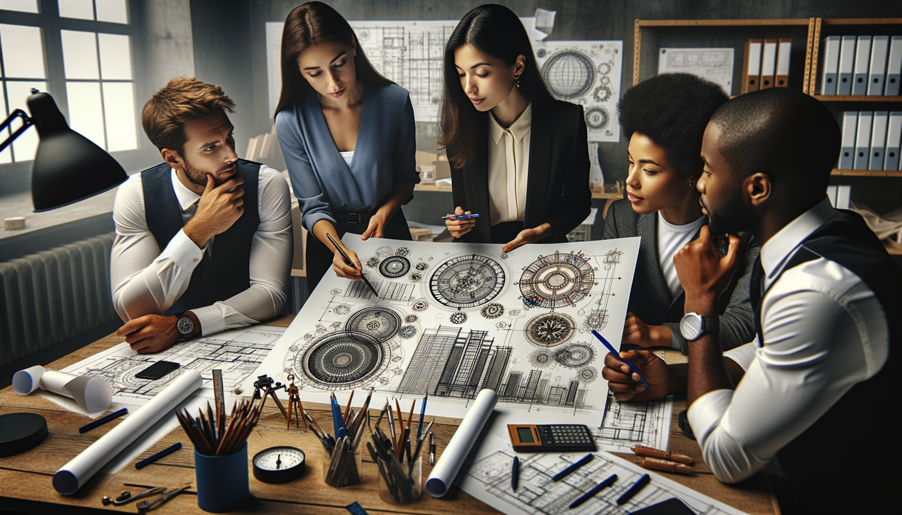 Diseñador discutiendo diseños innovadores