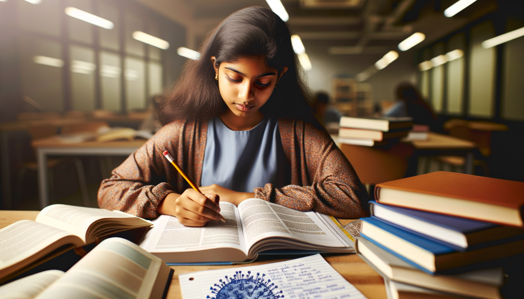 Un estudiante estudiando diligentemente ilustrando 'dopuble down' en estudios