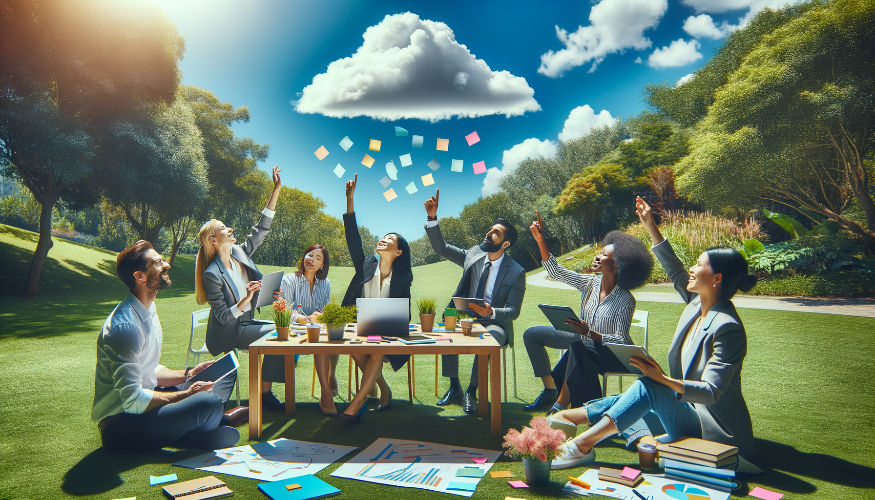 A team brainstorming outdoors