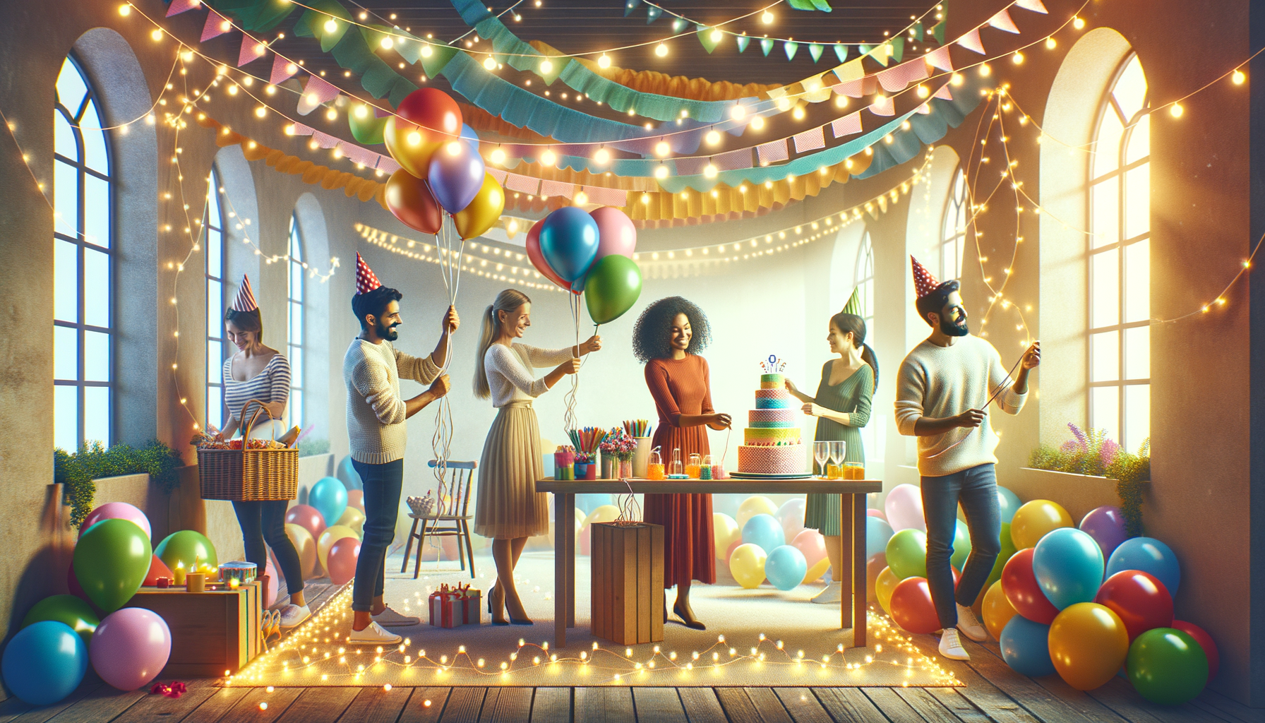 Personas decorando una habitación para una fiesta