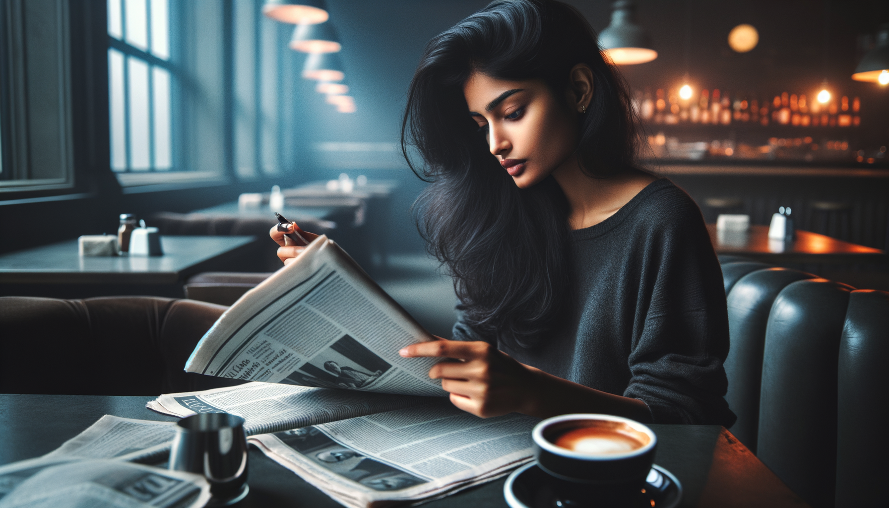 Persona en una cafetería revisando rápidamente un periódico