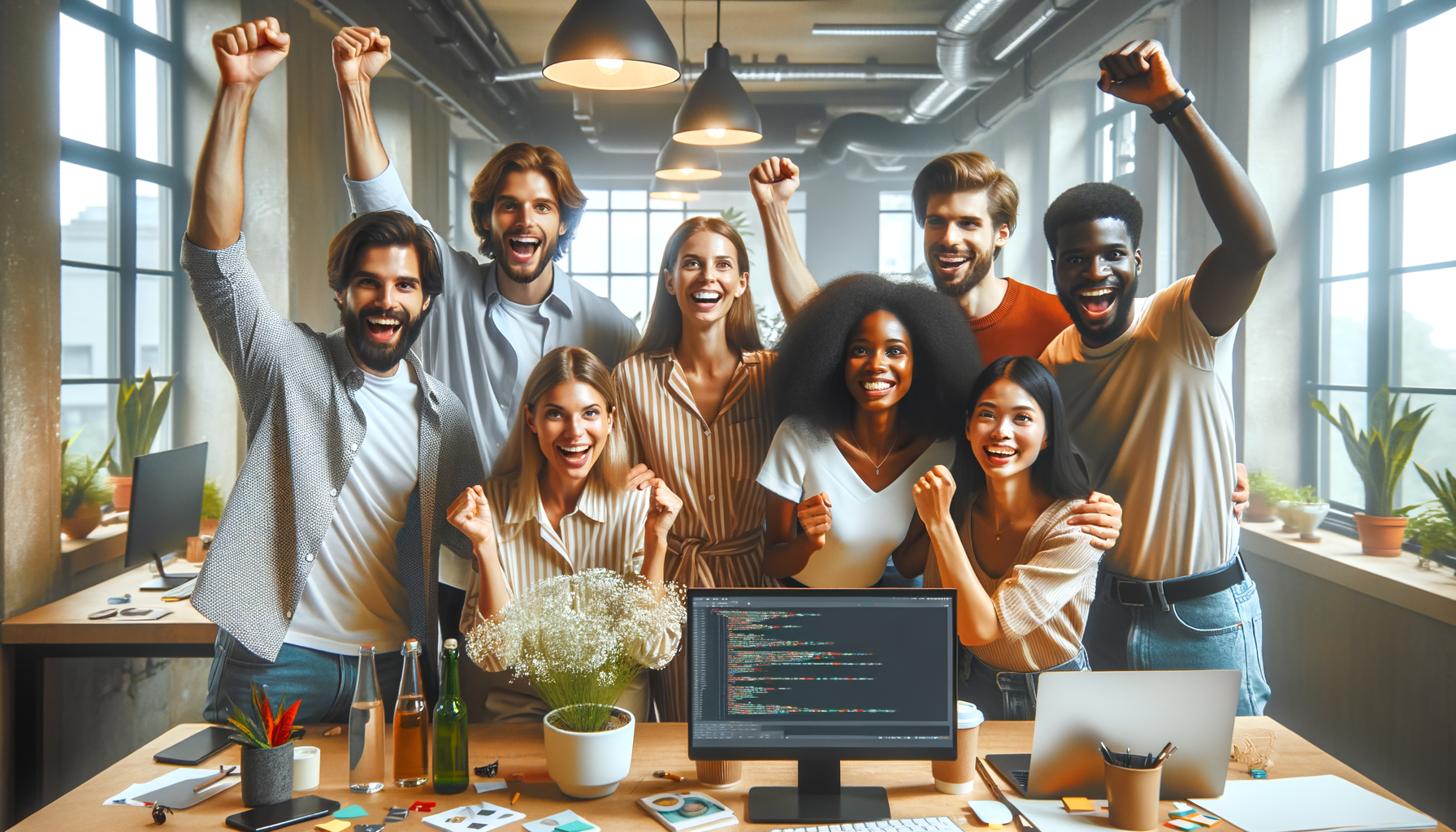 Equipo celebrando un logro en la oficina