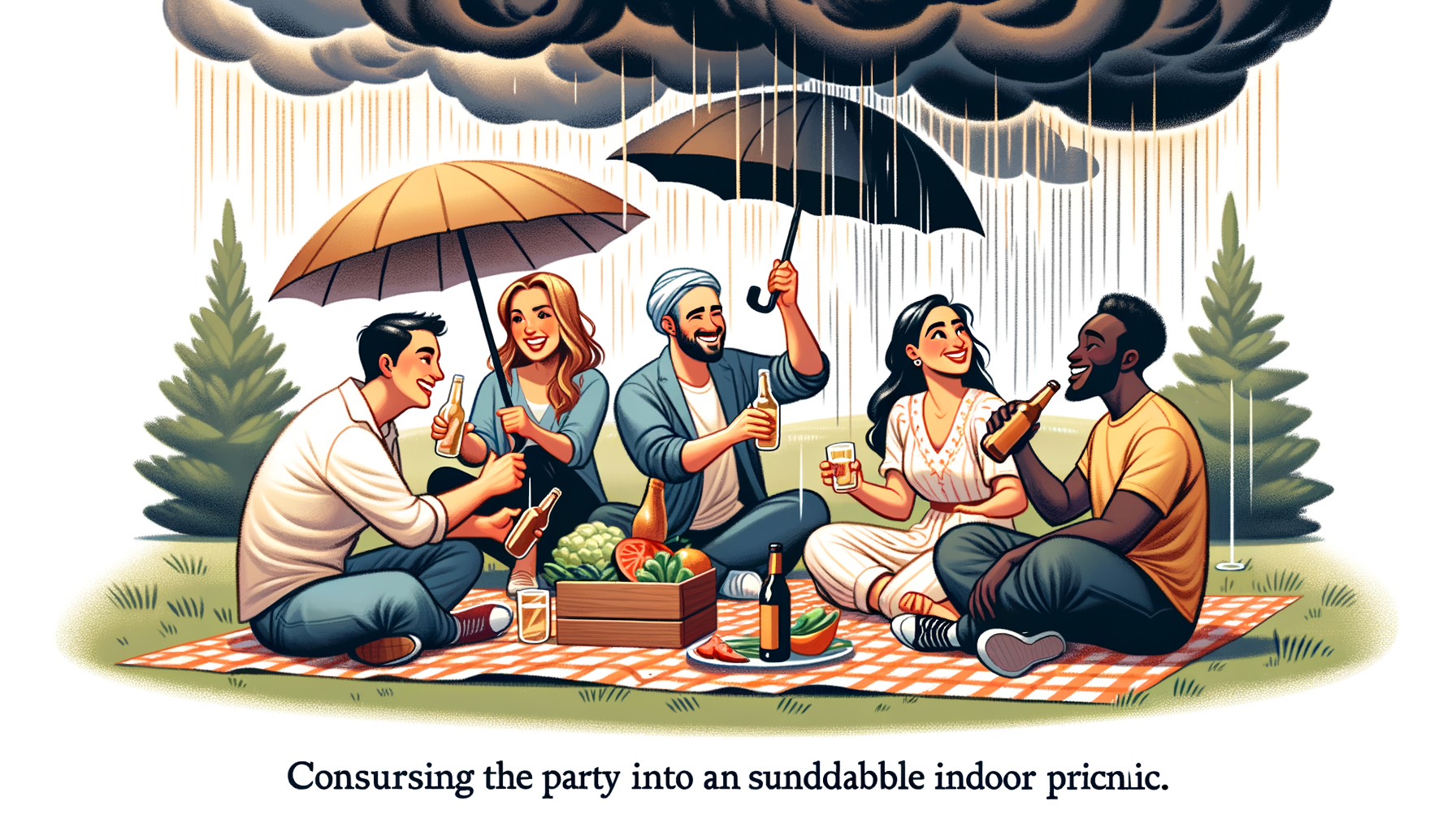Amigos disfrutando un picnic y adaptándose al cambio de lluvia