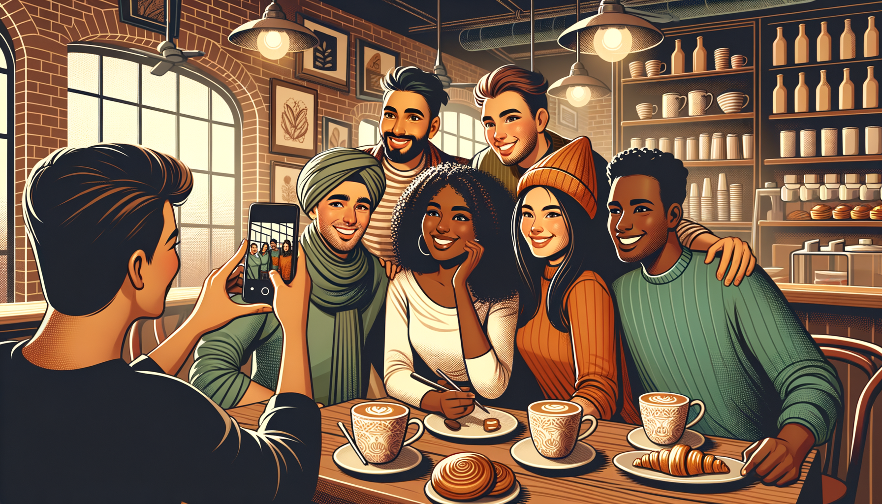 Grupo de amigos en una cafetería usando 'quick catch'