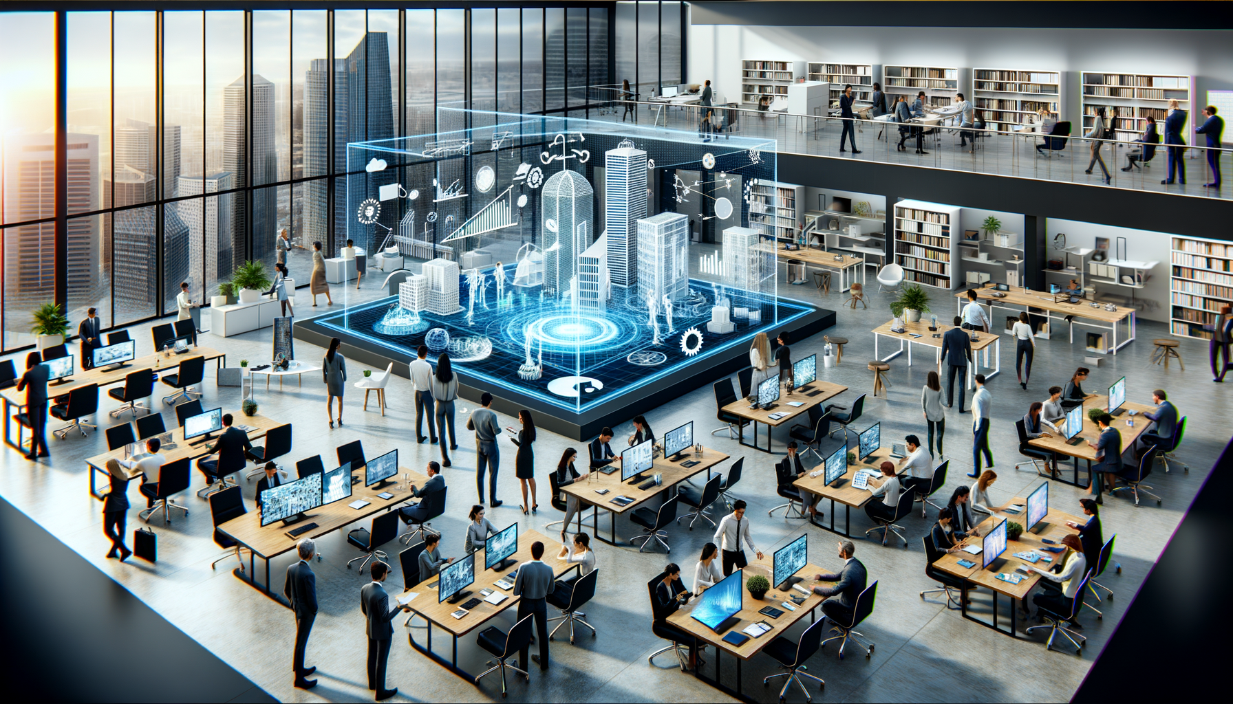 Entorno de oficina moderna con personas colaborando y adaptándose a tecnología