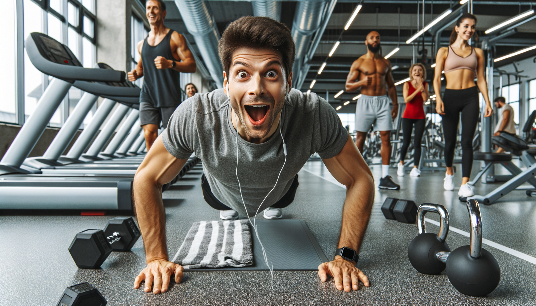 Persona en el gimnasio sintiendo un subidón de energía realizando flexiones