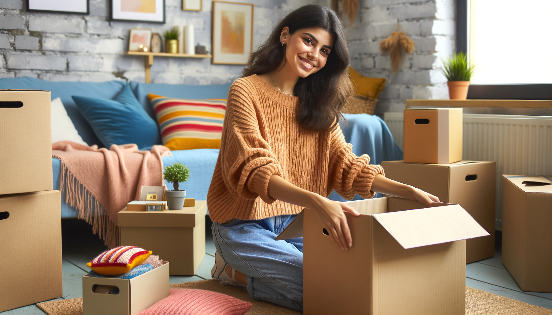 Persona desempacando en un nuevo apartamento y acomodándose