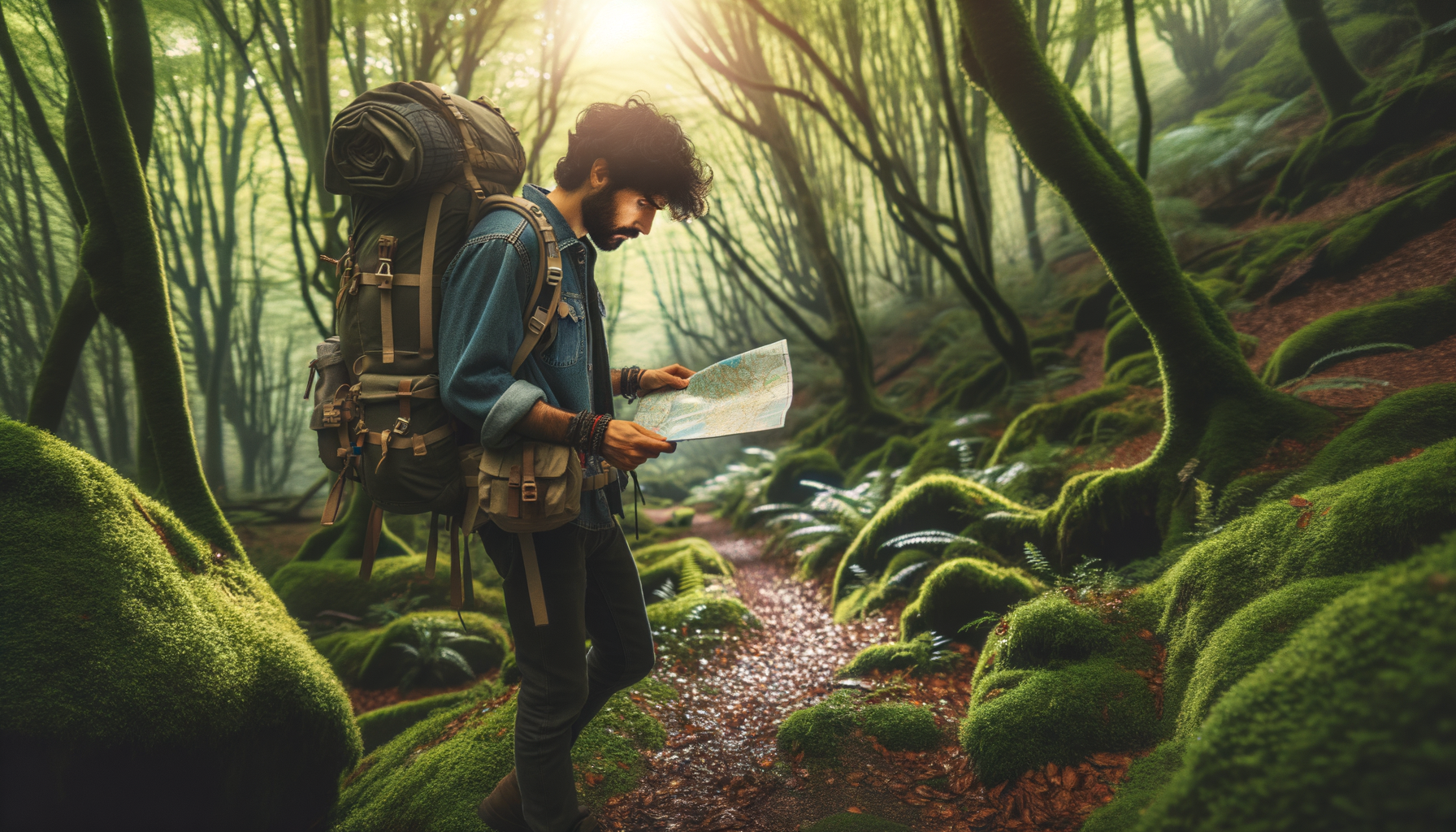 Persona retrocediendo en un sendero del bosque con mochila y mapa