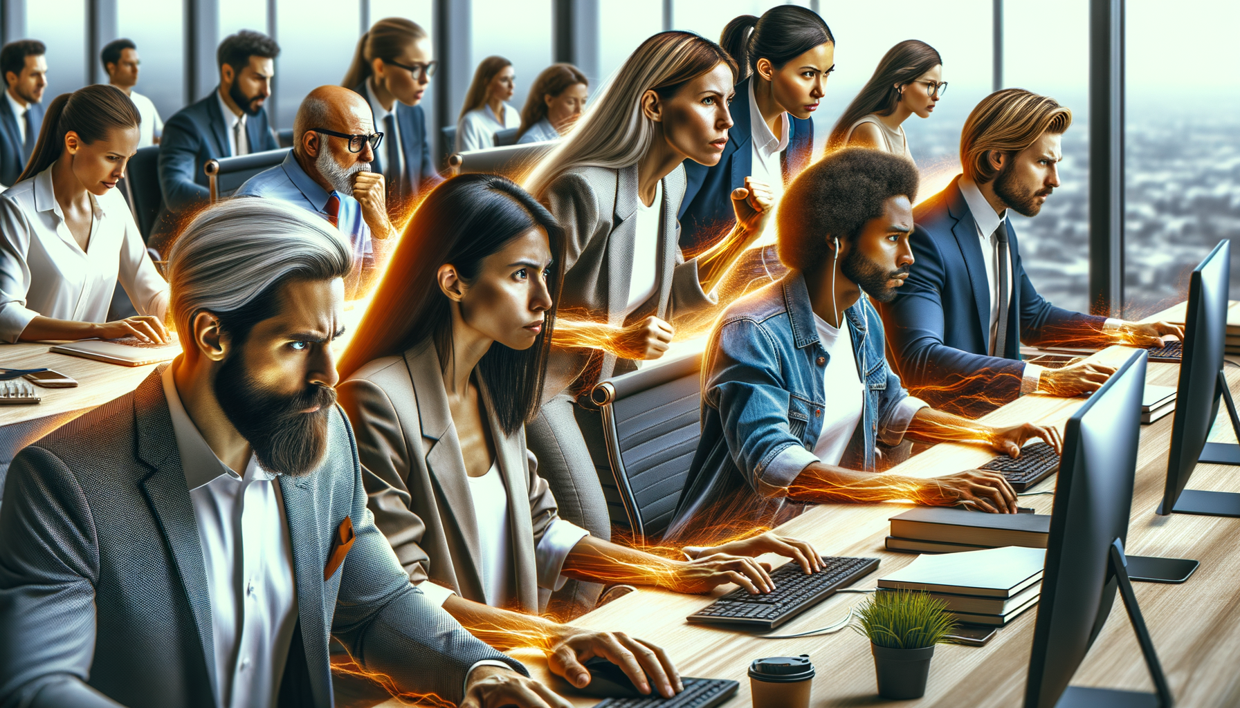 Ambiente de oficina con personas enfocadas y motivadas representando un subidón de energía