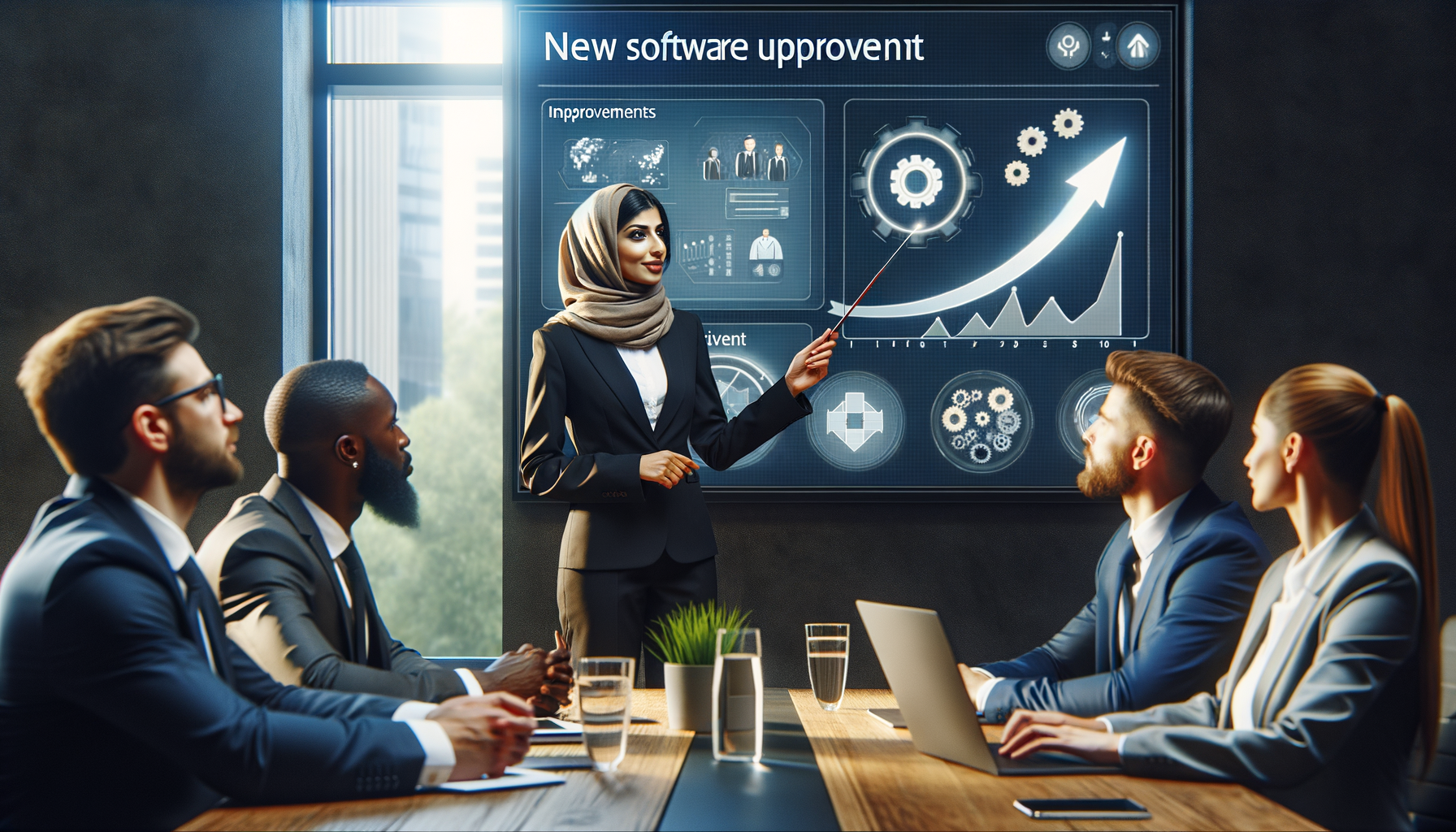 Gerente presentando actualización de software en reunión