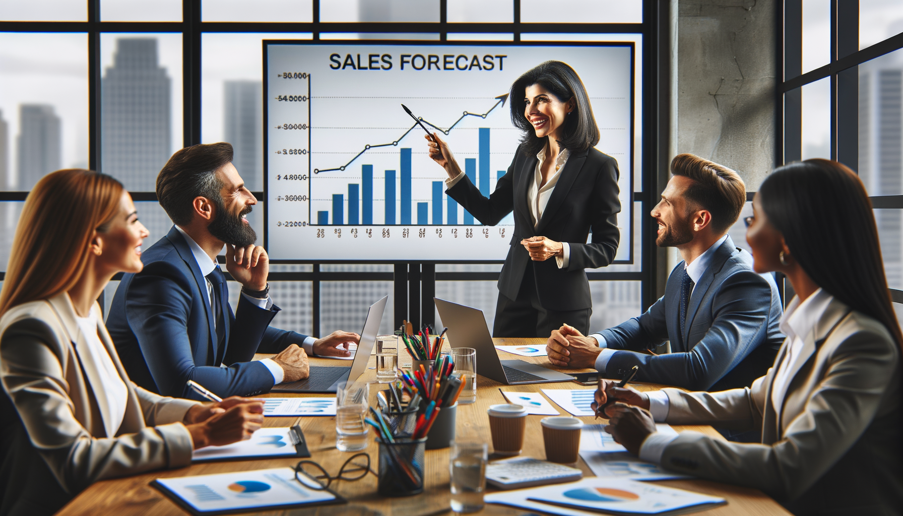 Reunión de negocios con proyección de pronóstico de ventas