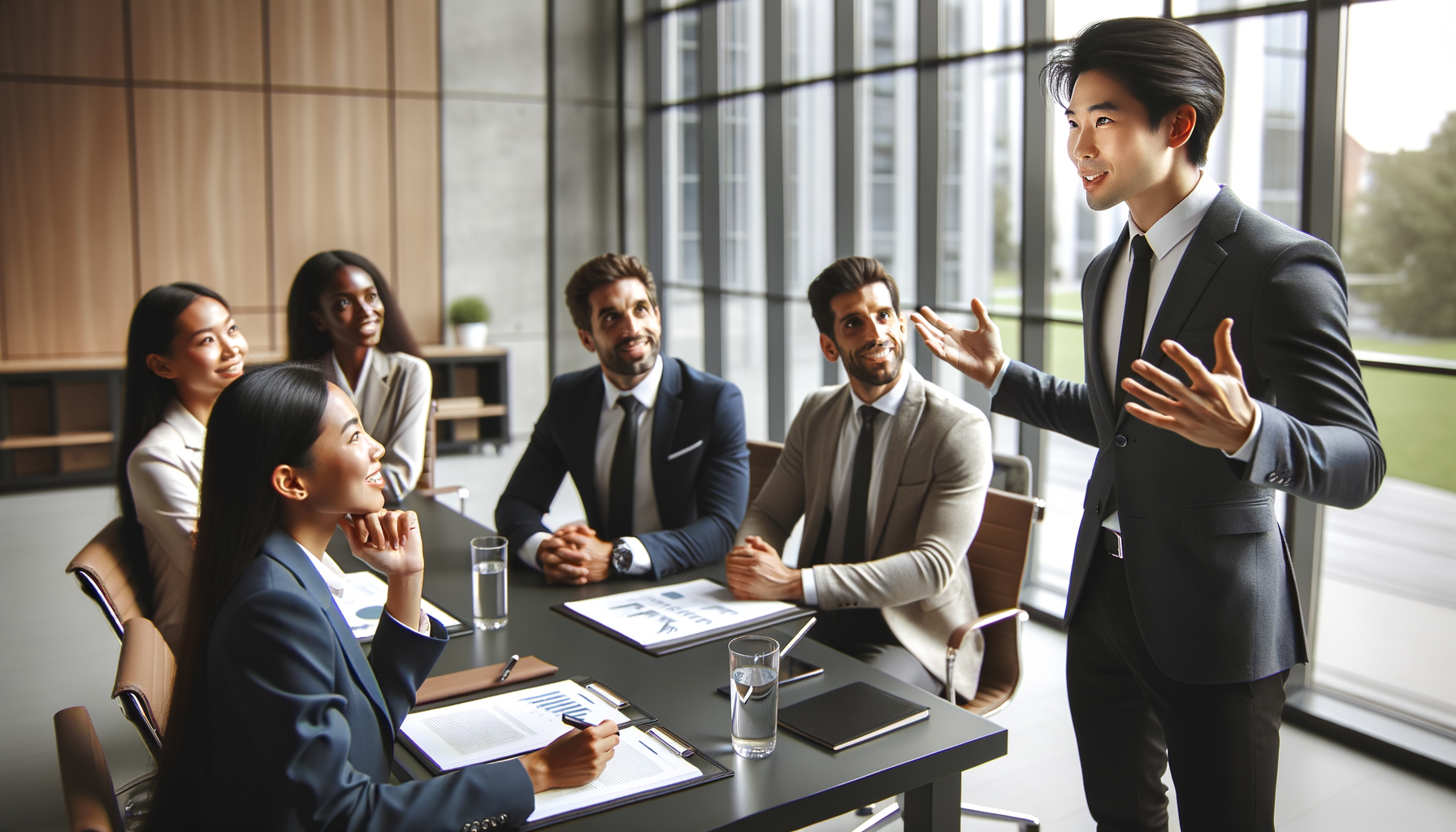 Reunión de trabajo donde un hombre persuade a su equipo a cambiar una decisión