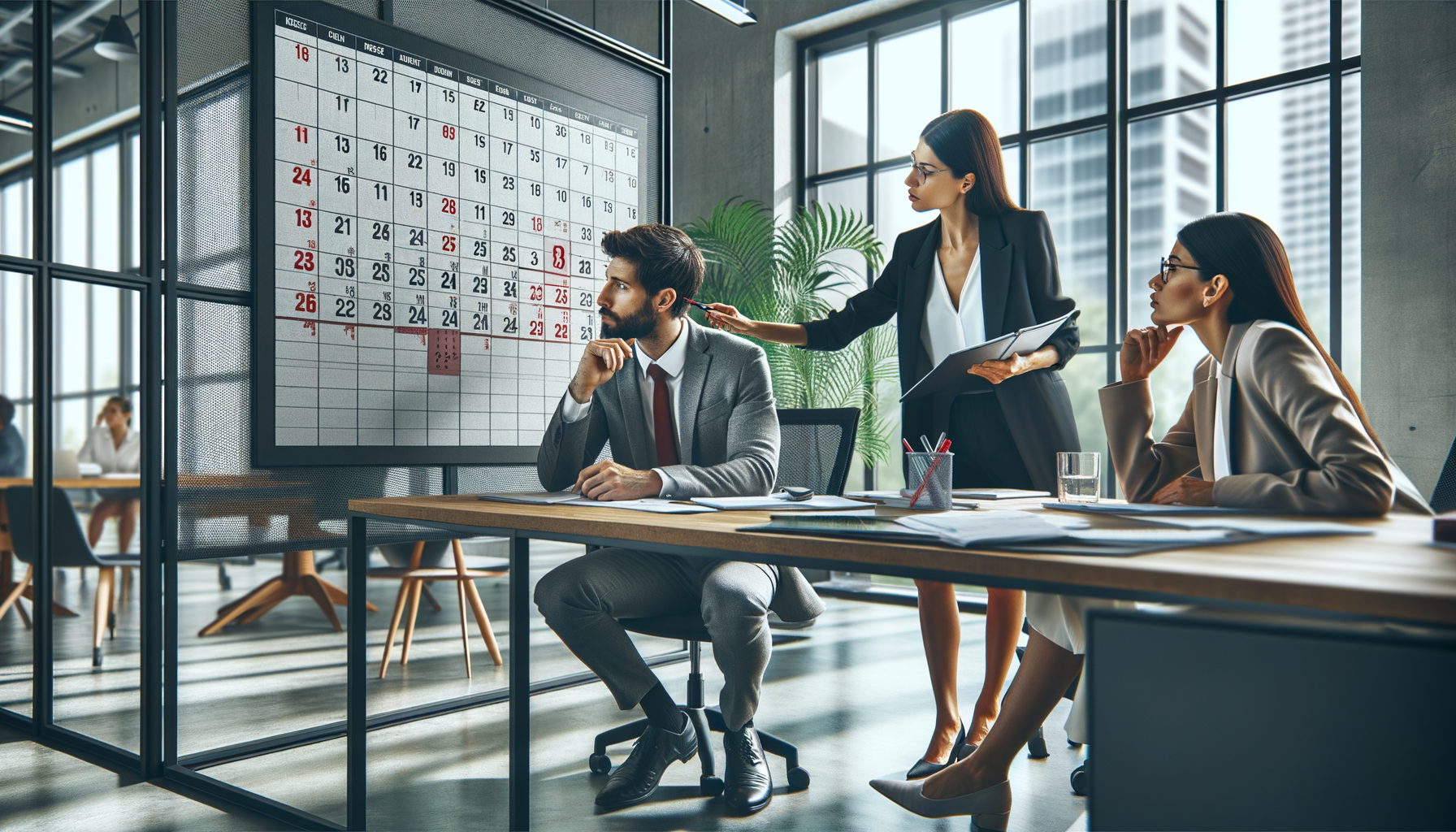 Reunión de trabajo planificando objetivos futuros con calendario grande