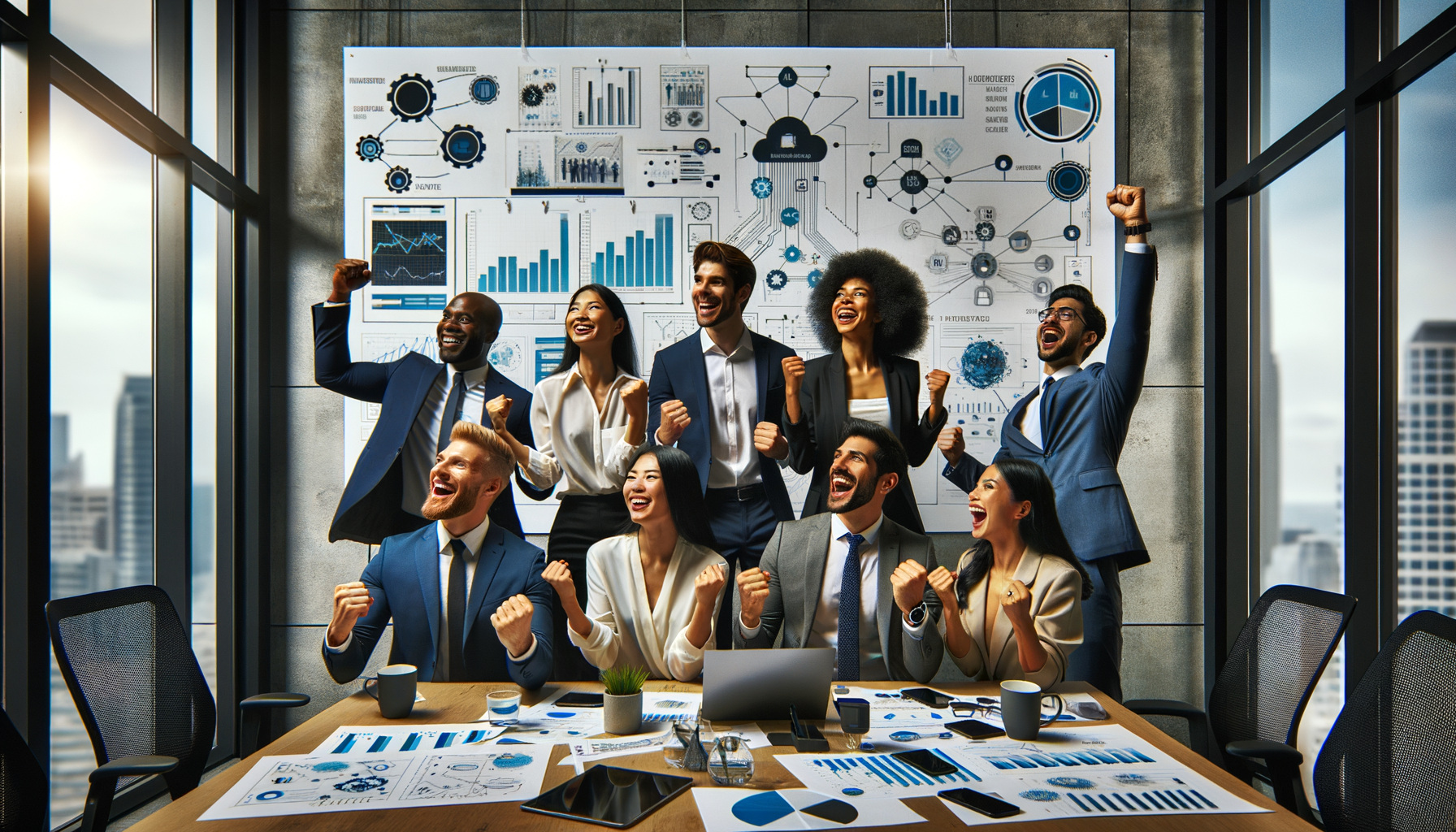 Equipo profesional celebrando el lanzamiento de una tecnología innovadora