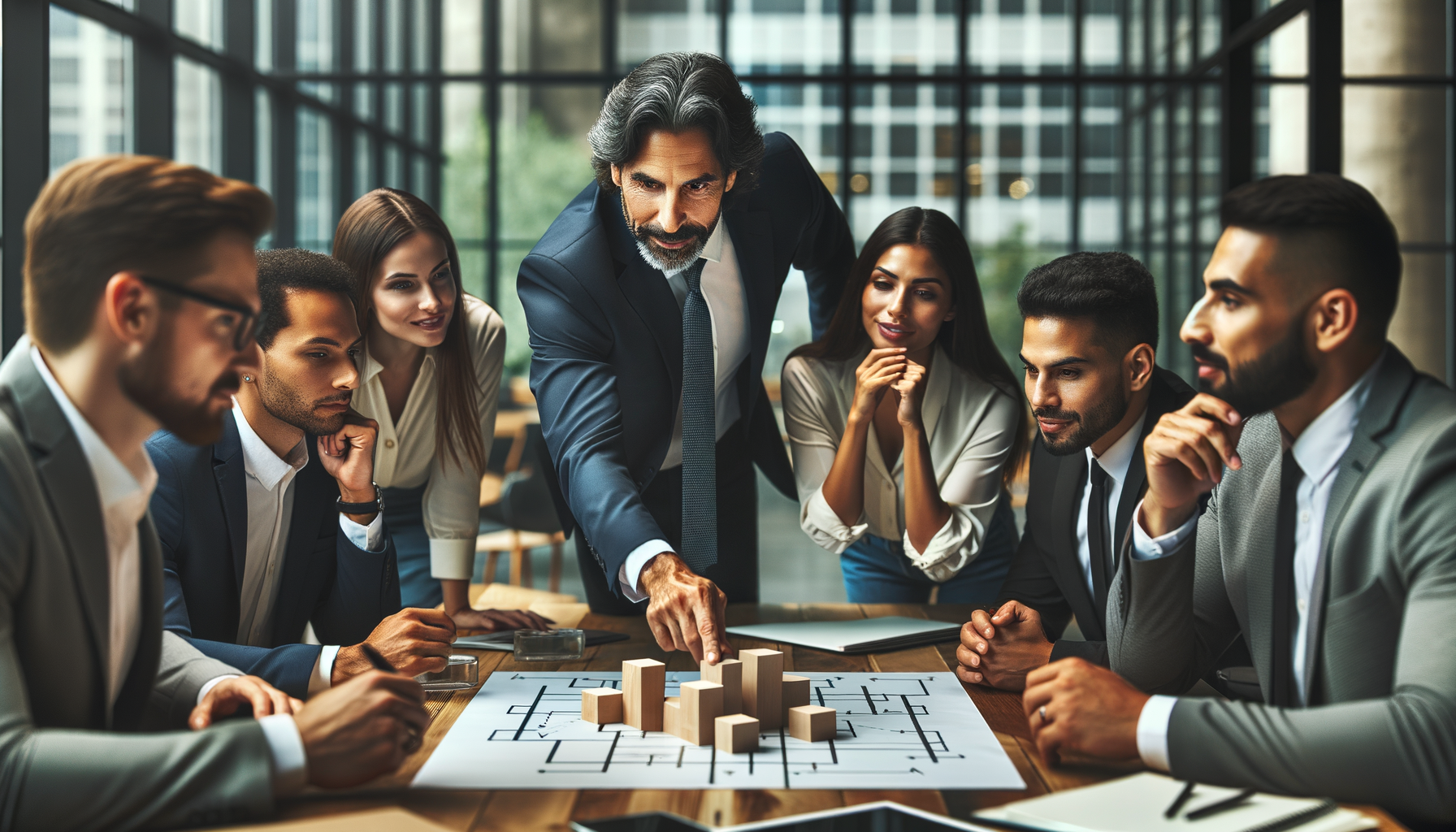 Manager aclarando el camino para su equipo en oficina moderna