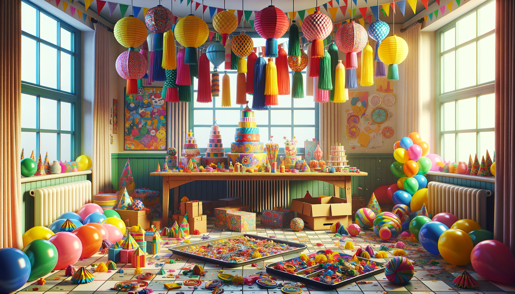 Decoraciones de fiesta ordenadas sobre una mesa