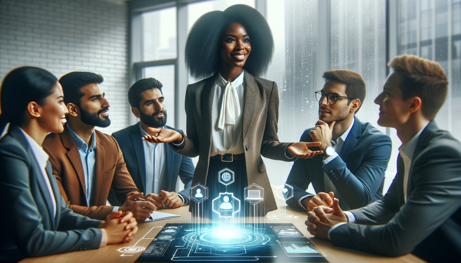 Líder pionera en una reunión de trabajo moderno