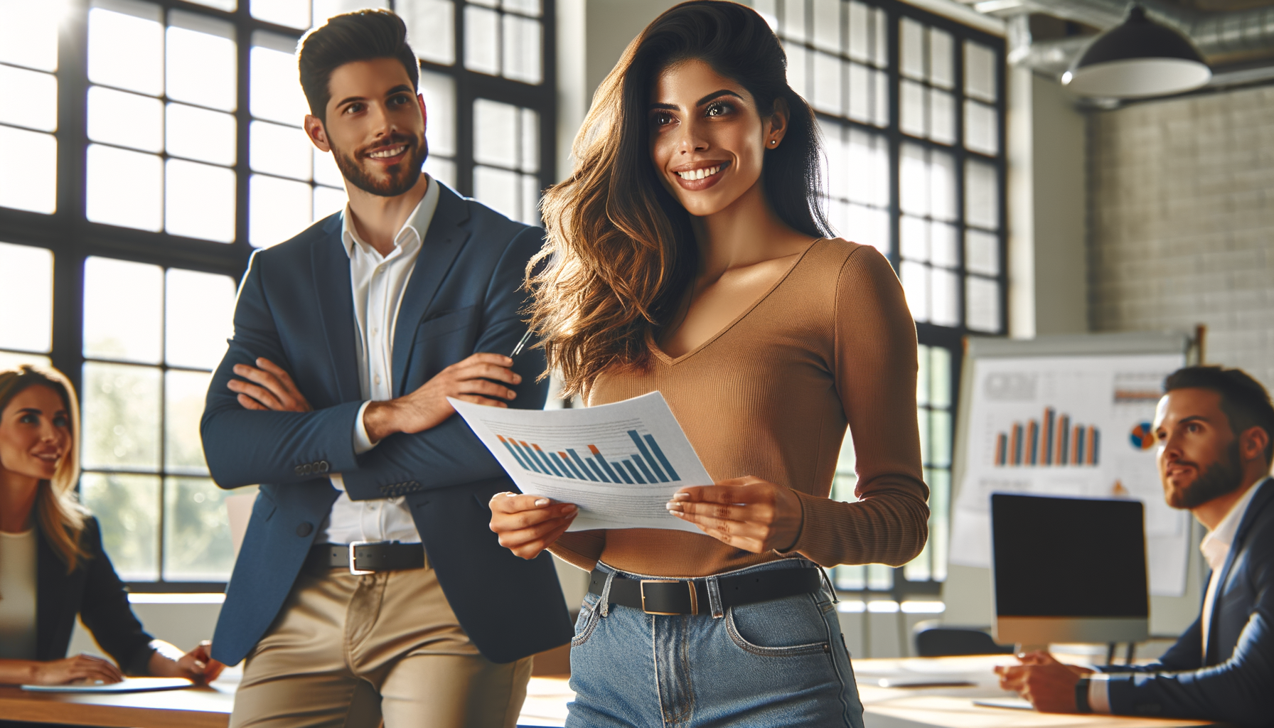 Mujer confiada hablando en una reunión animada por un colega