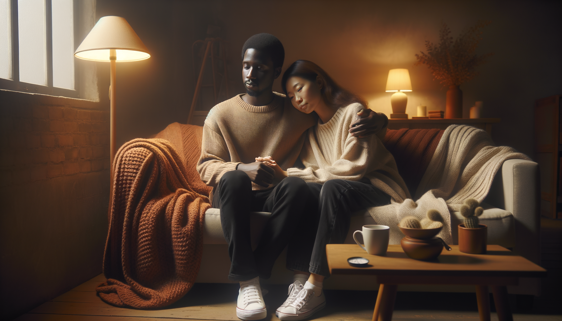 Dos amigos apoyándose mutuamente en el sofá