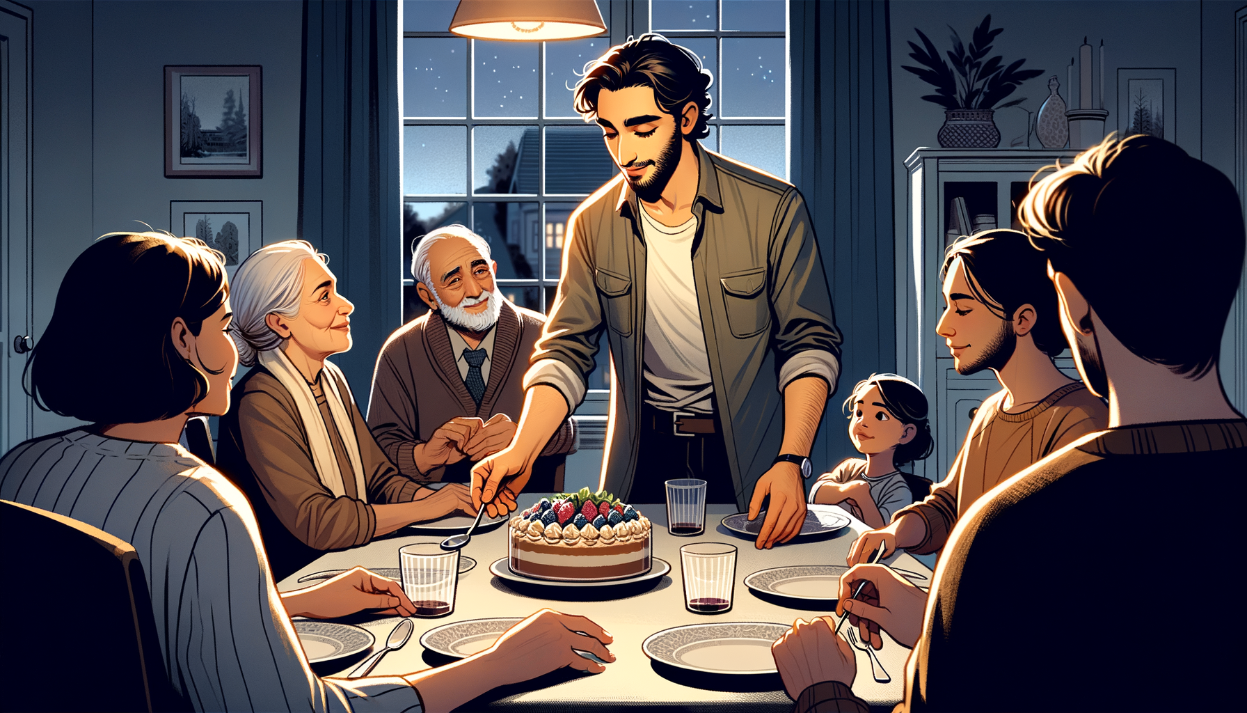 Una cena familiar donde alguien toma el control para servir postre