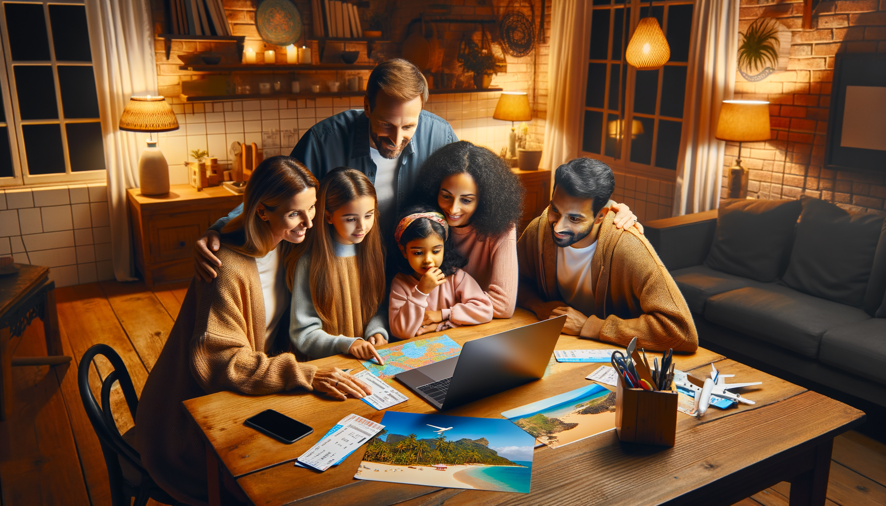 Familia planificando vacaciones en casa mirando vuelos y opciones de viaje