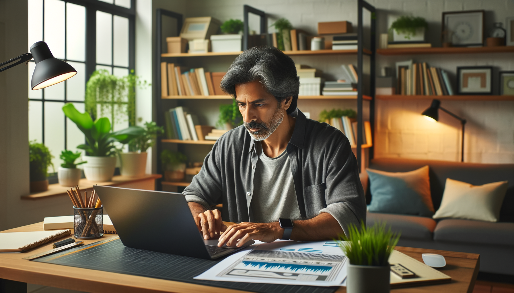 Freelancer trabajando desde casa en proyecto de diseño